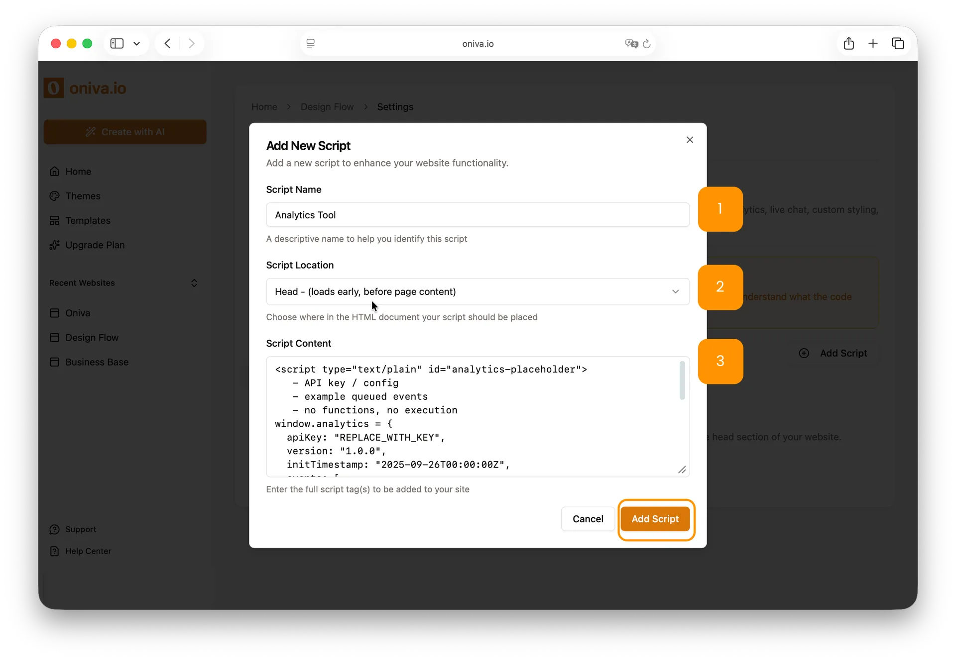 Add custom JavaScript in website builder with fields for script name, location, and code editor.