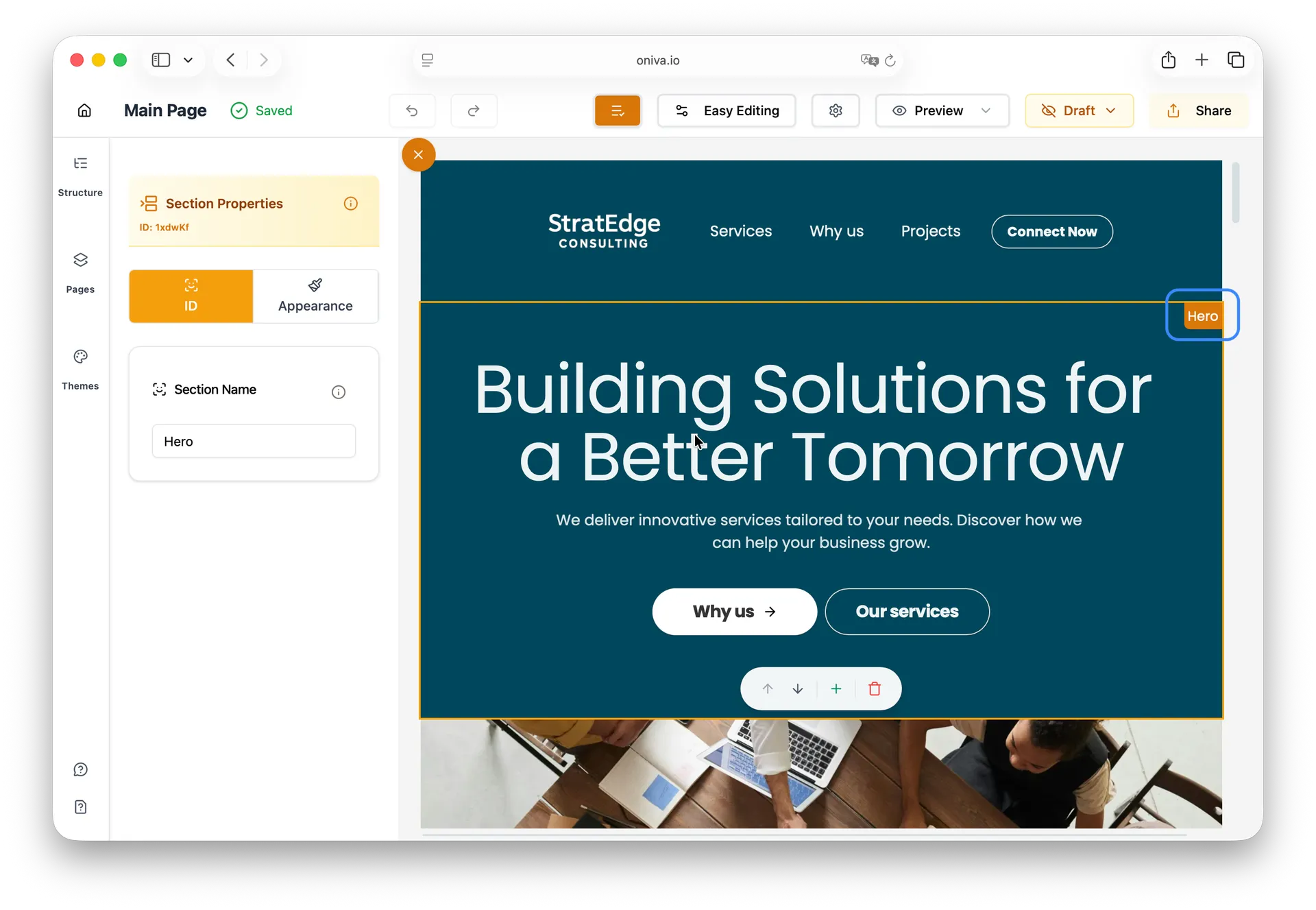 Oniva.io section selection interface with highlighted 'Hero' section label showing visual section identification and editing controls for website structure management in AI web design tool