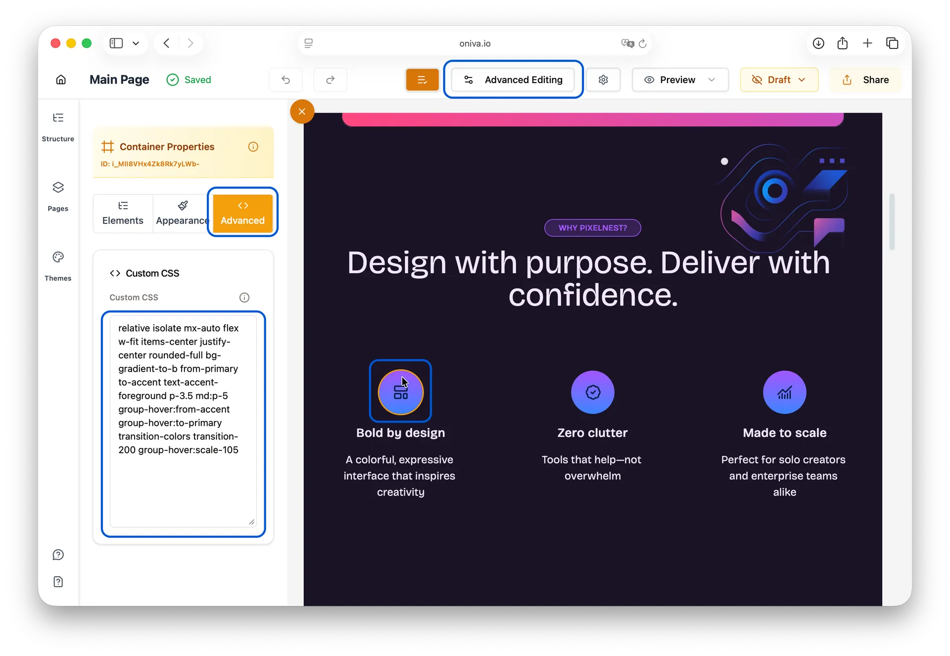 Oniva.io Advanced editing mode displaying Custom CSS panel with flexbox and gradient styling code.