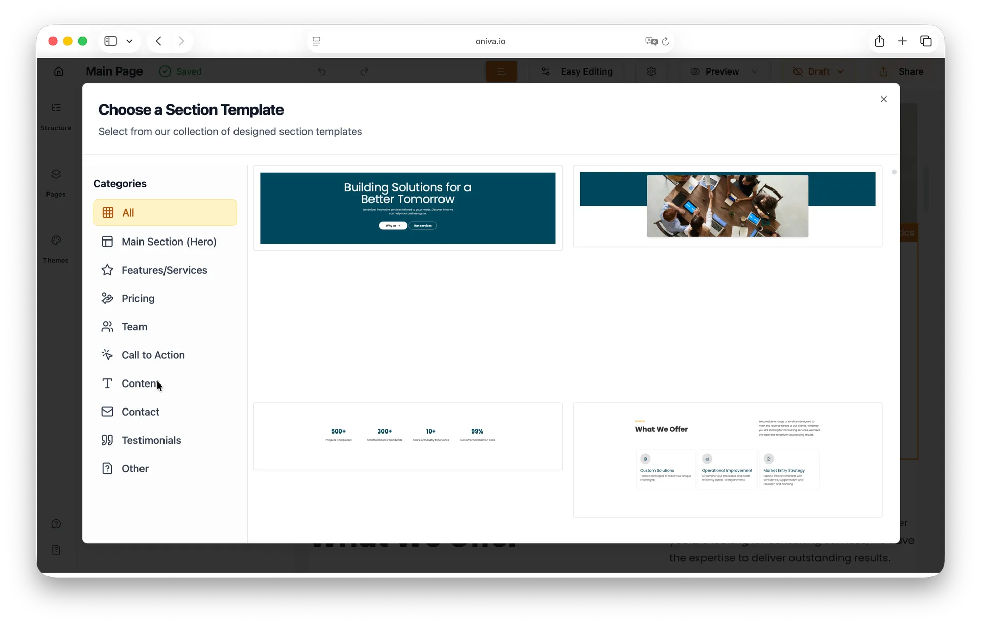 Oniva.io section template library modal displaying categorized templates including Hero, Features/Services, Pricing, Team, and Contact sections for AI website creation