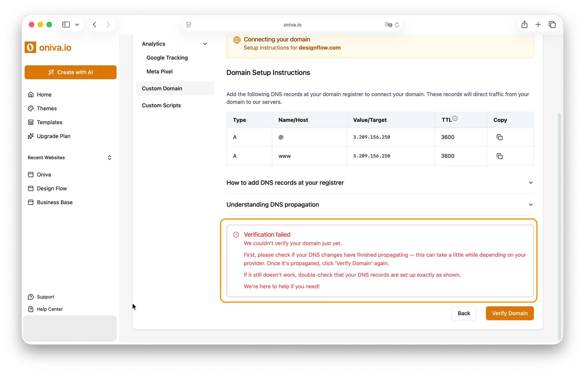 Oniva.io website builder domain verification failed message with DNS propagation instructions.