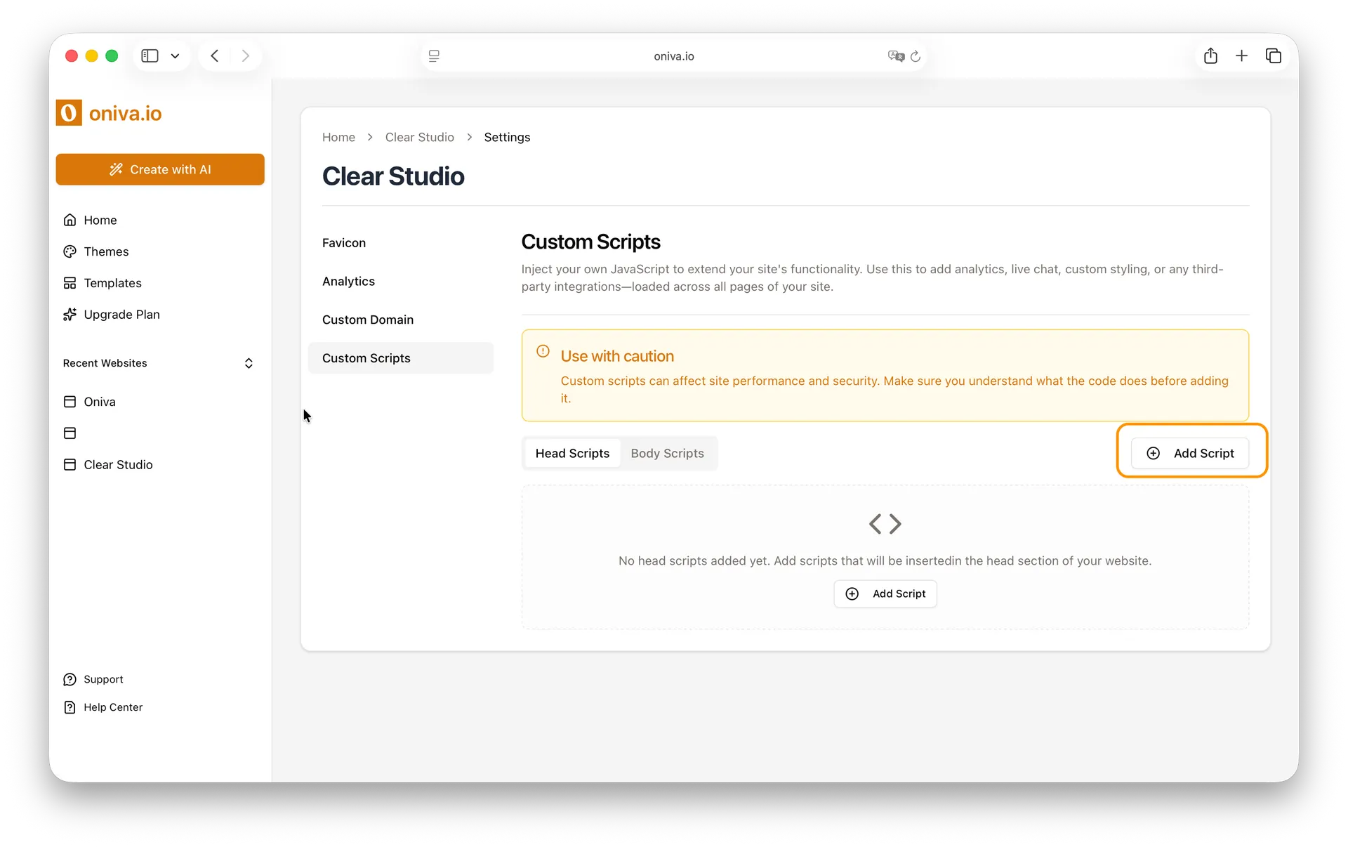 Website builder settings showing custom scripts panel with option to add head or body scripts.