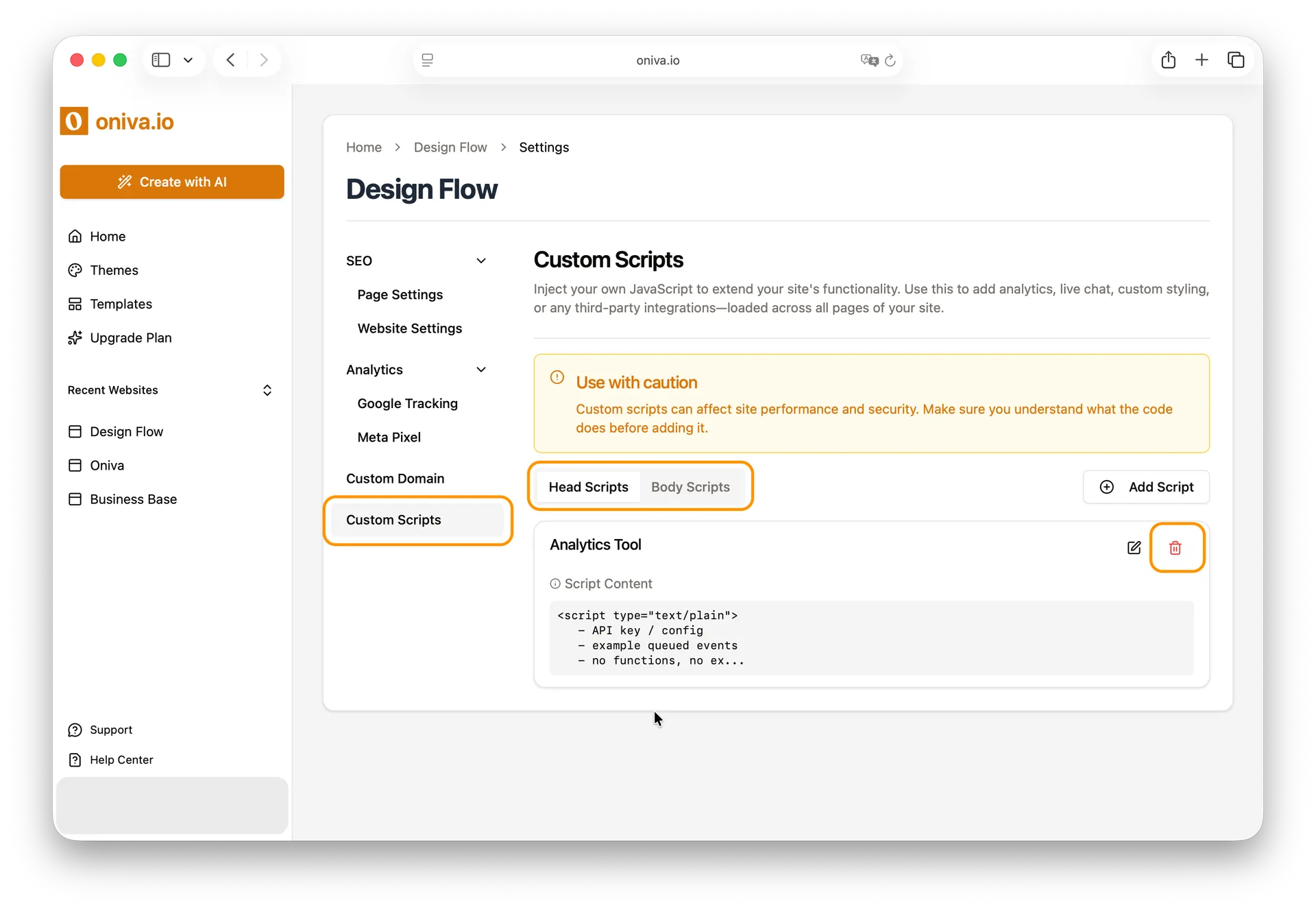 Custom scripts section in website builder showing script content and delete script option.