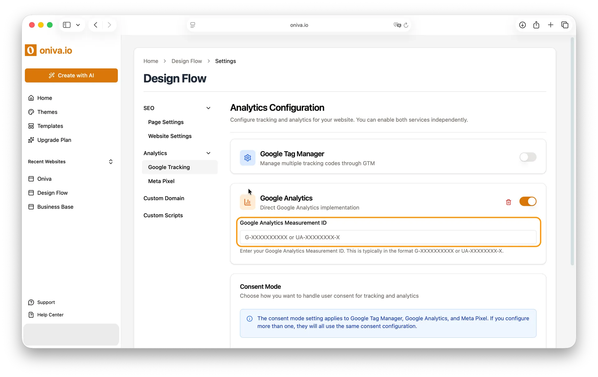 Google Analytics Web stream details page showing Measurement ID field and Enhanced measurement settings for comprehensive website tracking and data collection