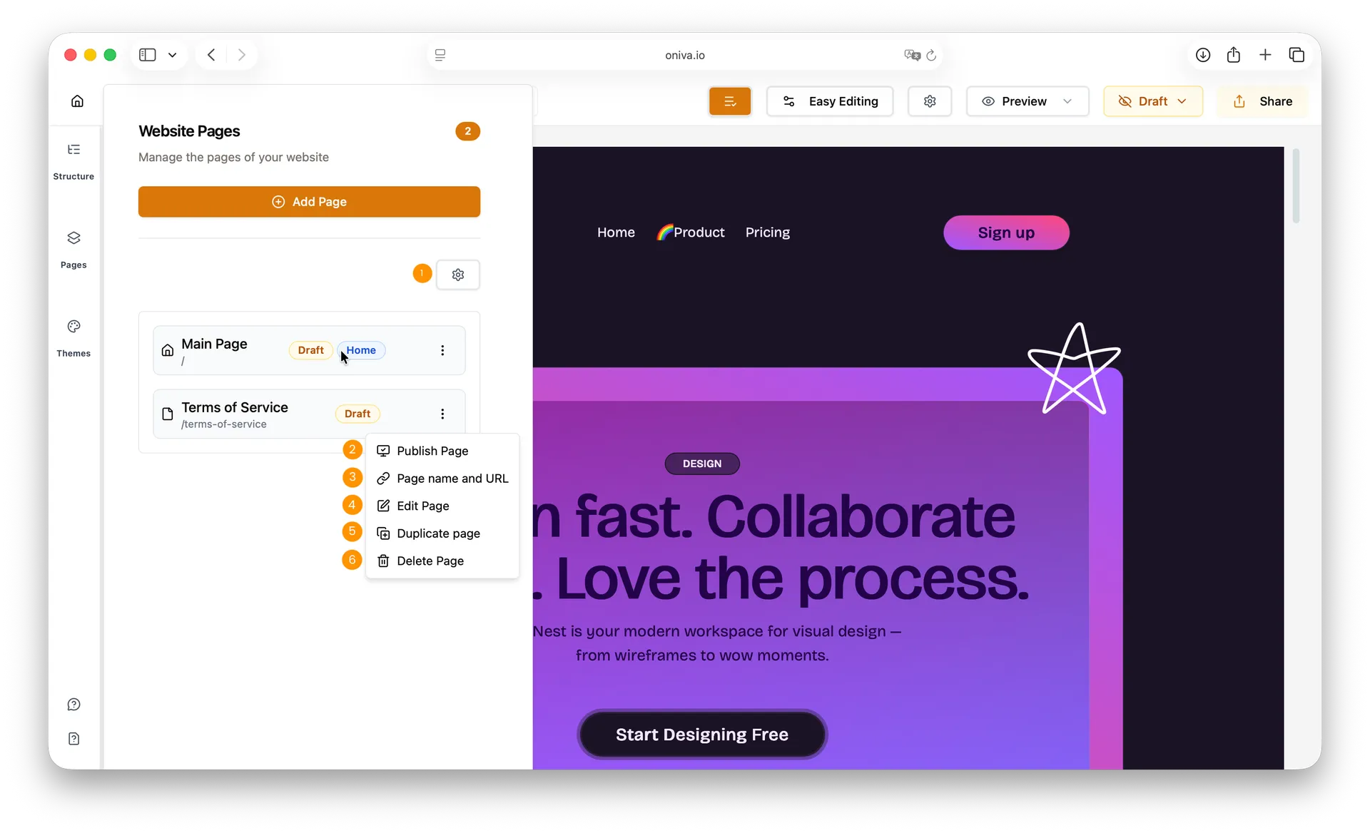 Website pages manager with Terms of Service draft page added, showing options to publish, edit, change URL, or delete in website builder.