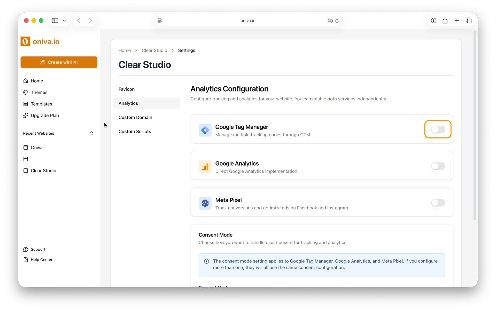 Oniva.io analytics configuration dashboard displaying Google Tag Manager and Google Analytics integration options with consent mode settings for no-code website building