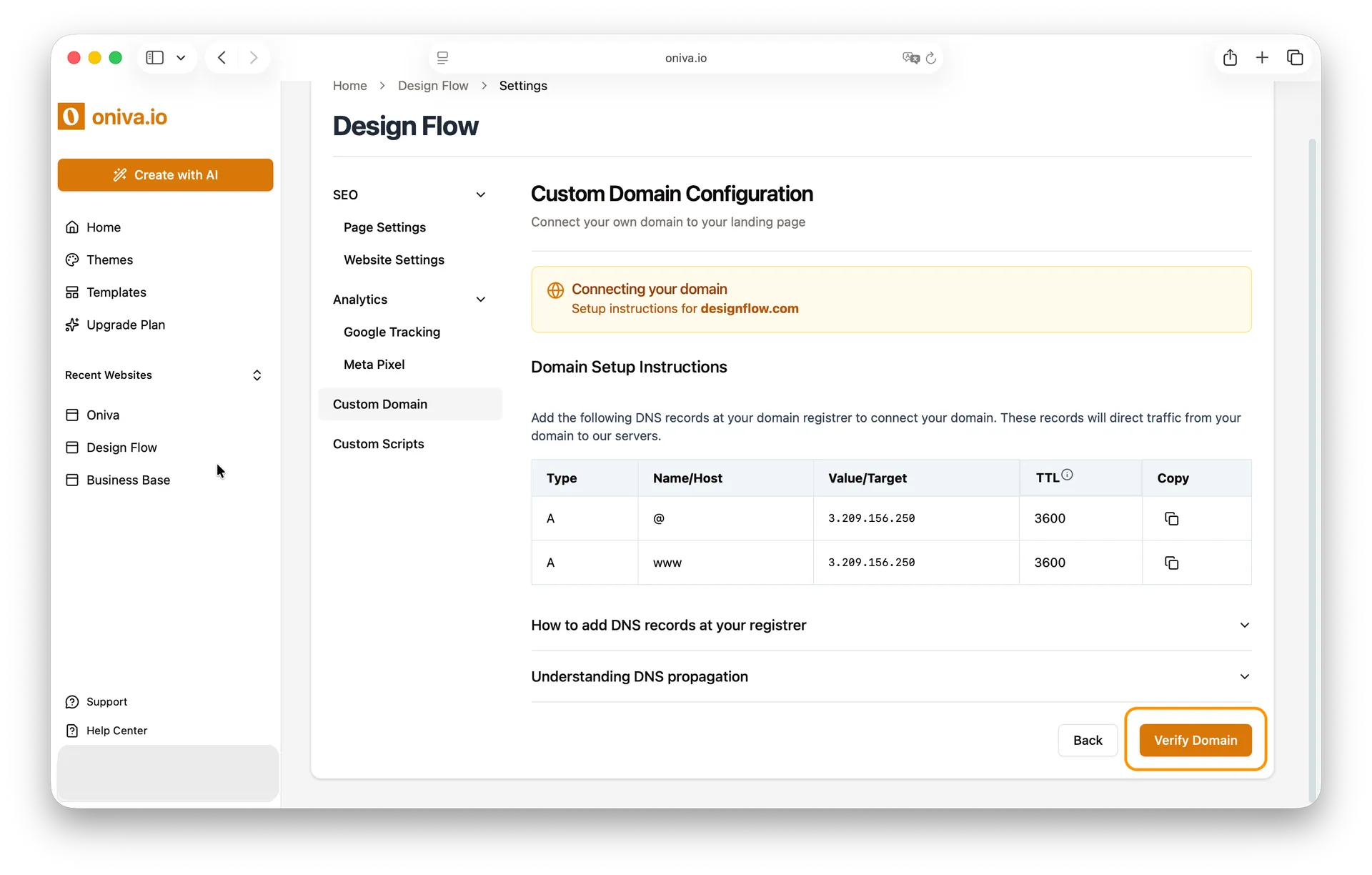 Oniva.io website builder custom domain setup screen with DNS instructions and a Verify Domain button to connect your site.