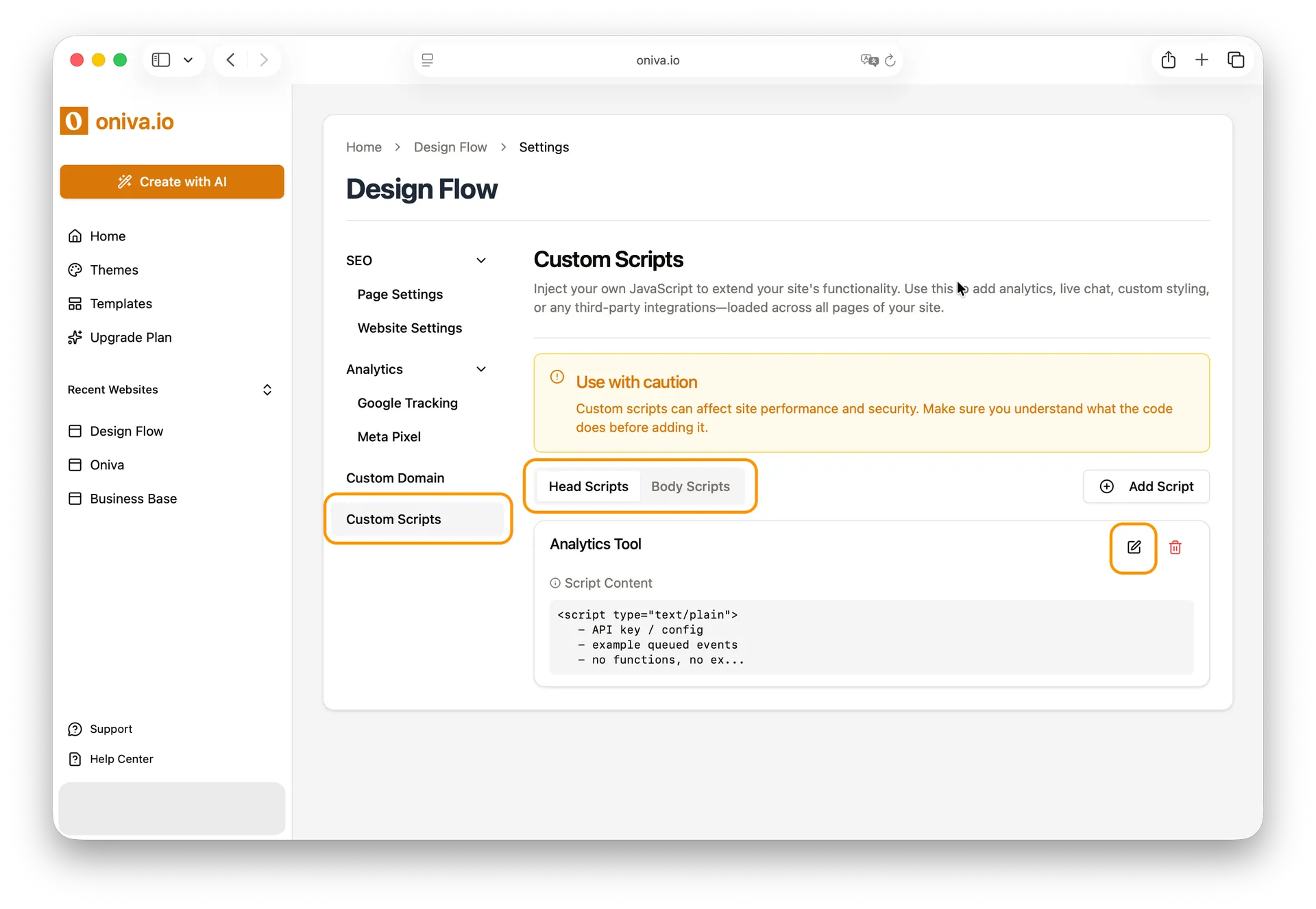 Website builder interface displaying an added custom script with options to edit or delete.
