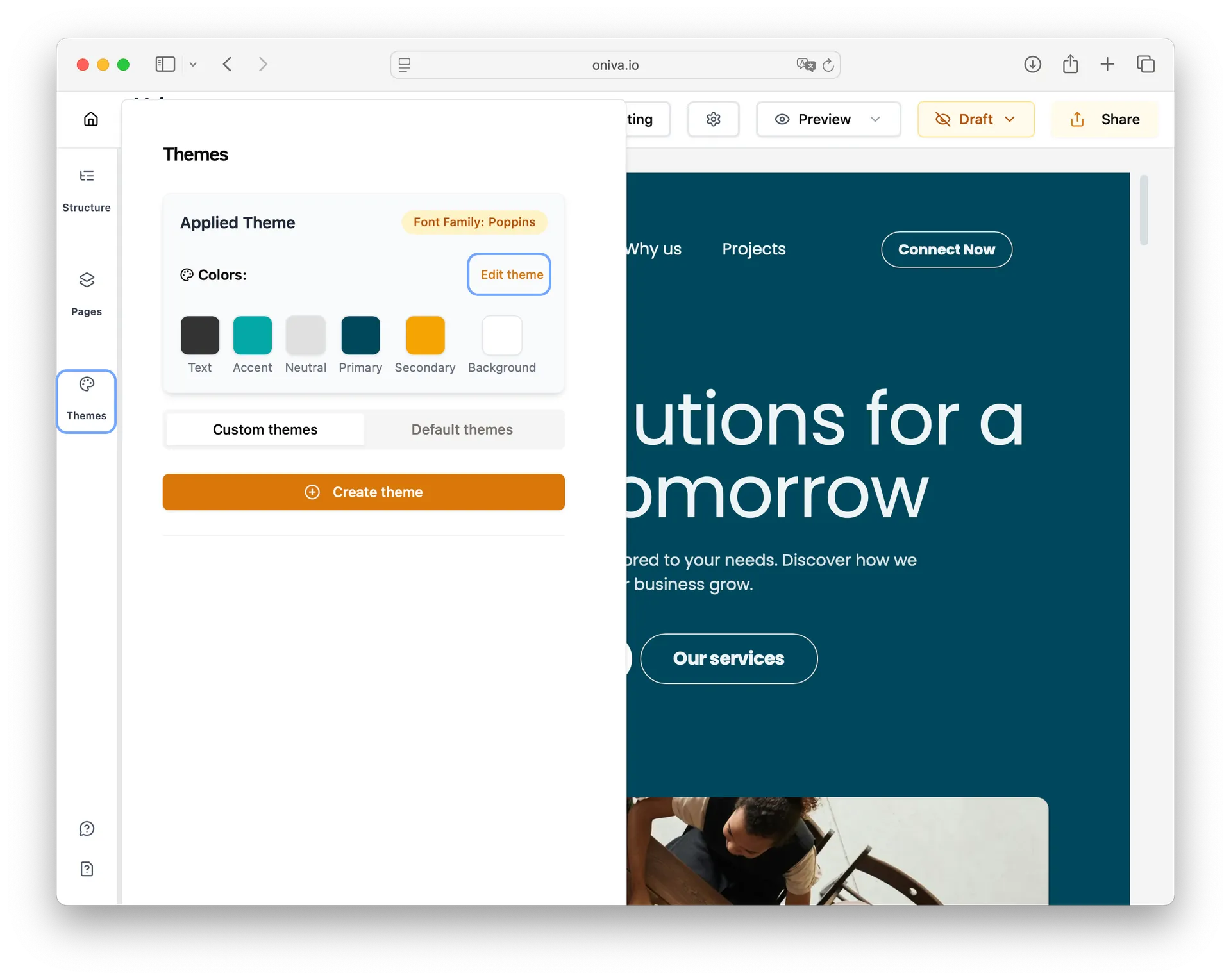 Oniva.io theme editor highlighting applied theme colors and option to edit custom website theme.