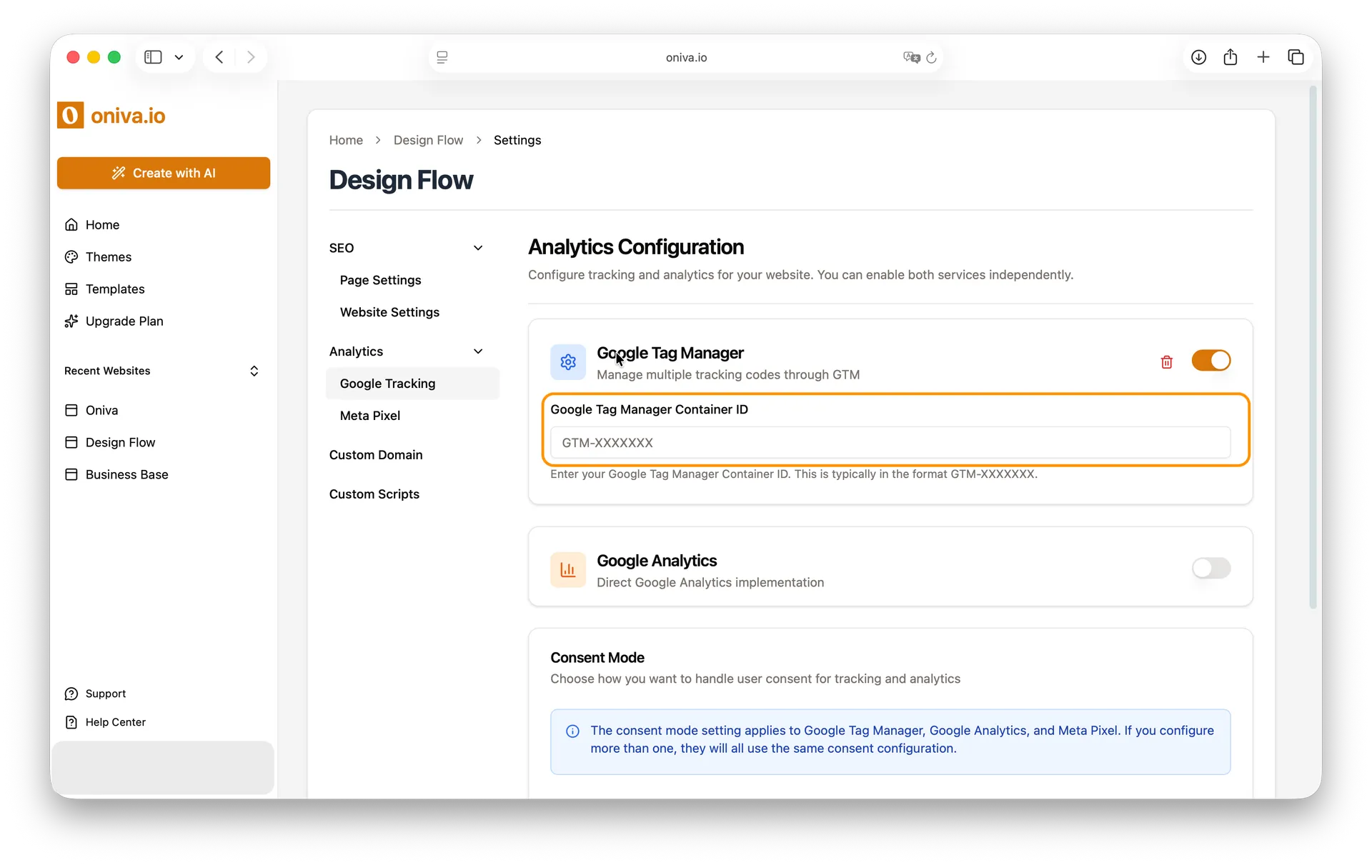 Oniva.io Google Tag Manager integration screen with Container ID input field (GTM-XXXXXXX format) for connecting analytics tracking to AI-built websites