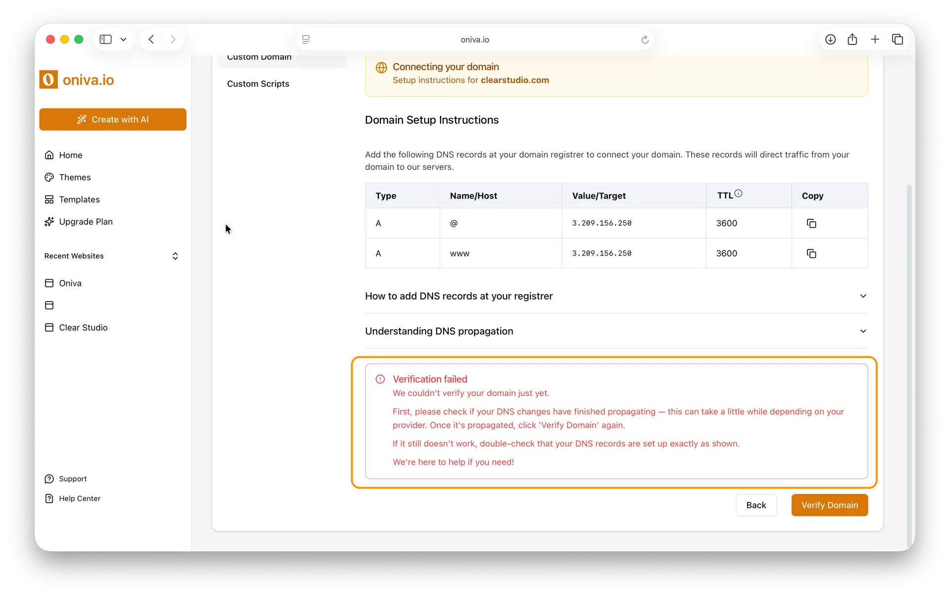 Oniva.io website builder domain verification failed message with DNS propagation instructions.