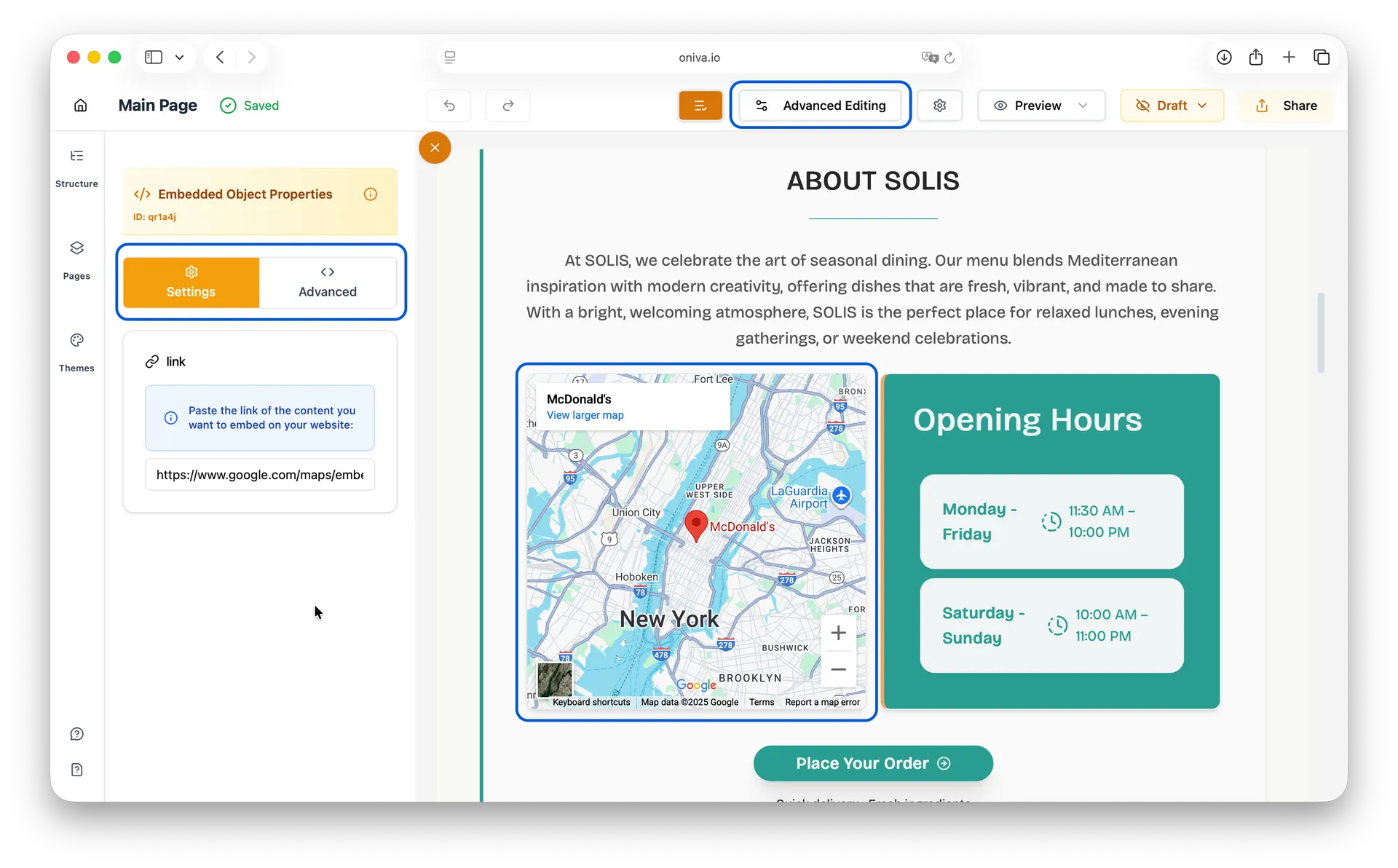 Oniva.io Advanced Editing mode showing embedded content settings and advanced tab for Google Maps iframe integration on restaurant website