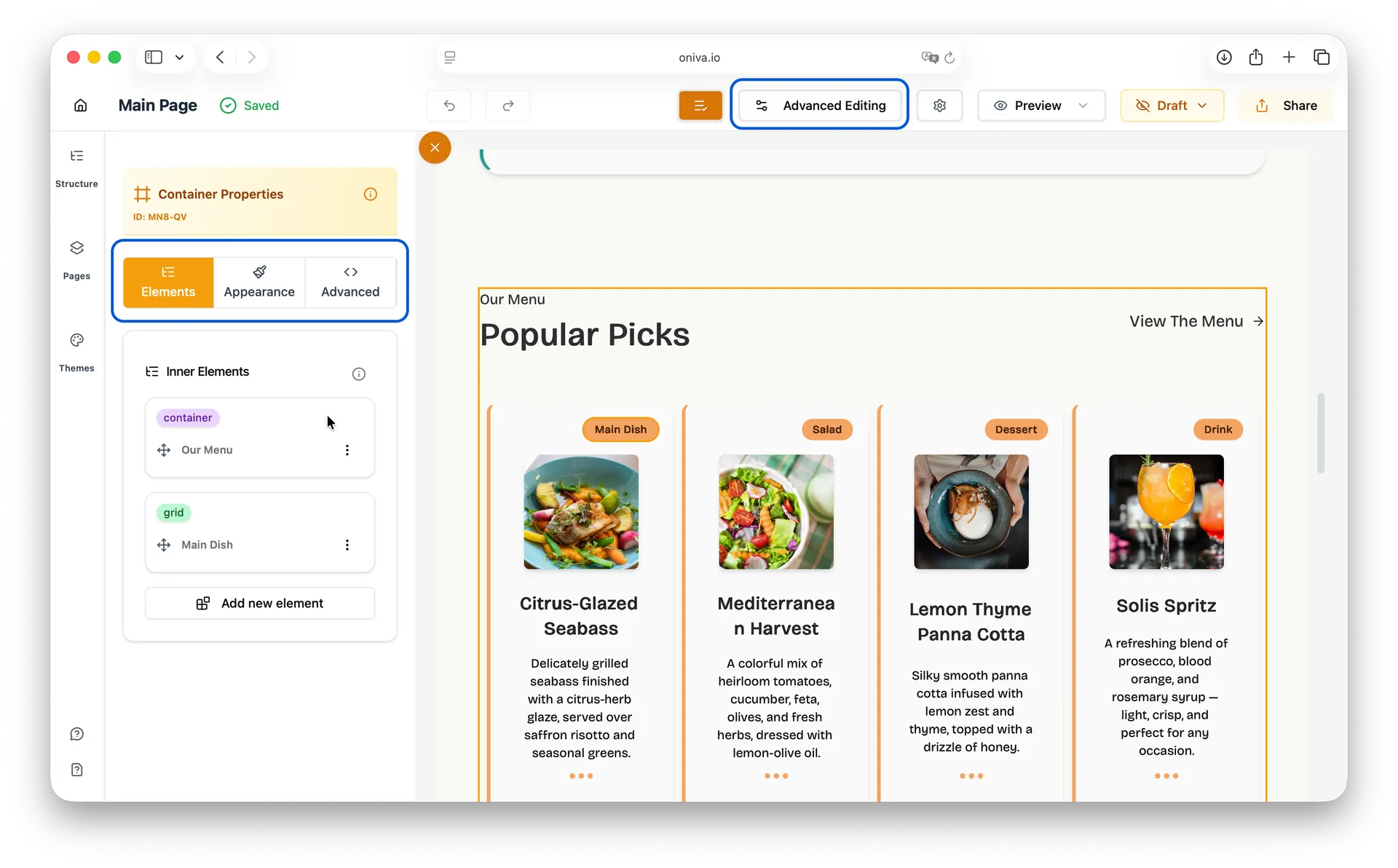 Oniva.io Advanced Editing mode displaying Elements tab with Inner Elements structure showing container and grid layout