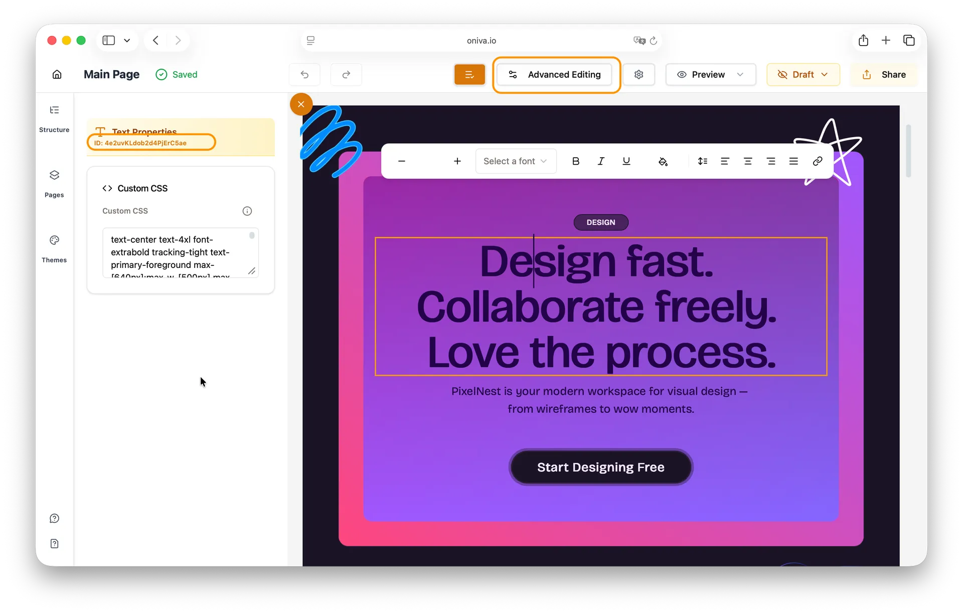 Advanced text editing in website builder with custom CSS applied to heading text.