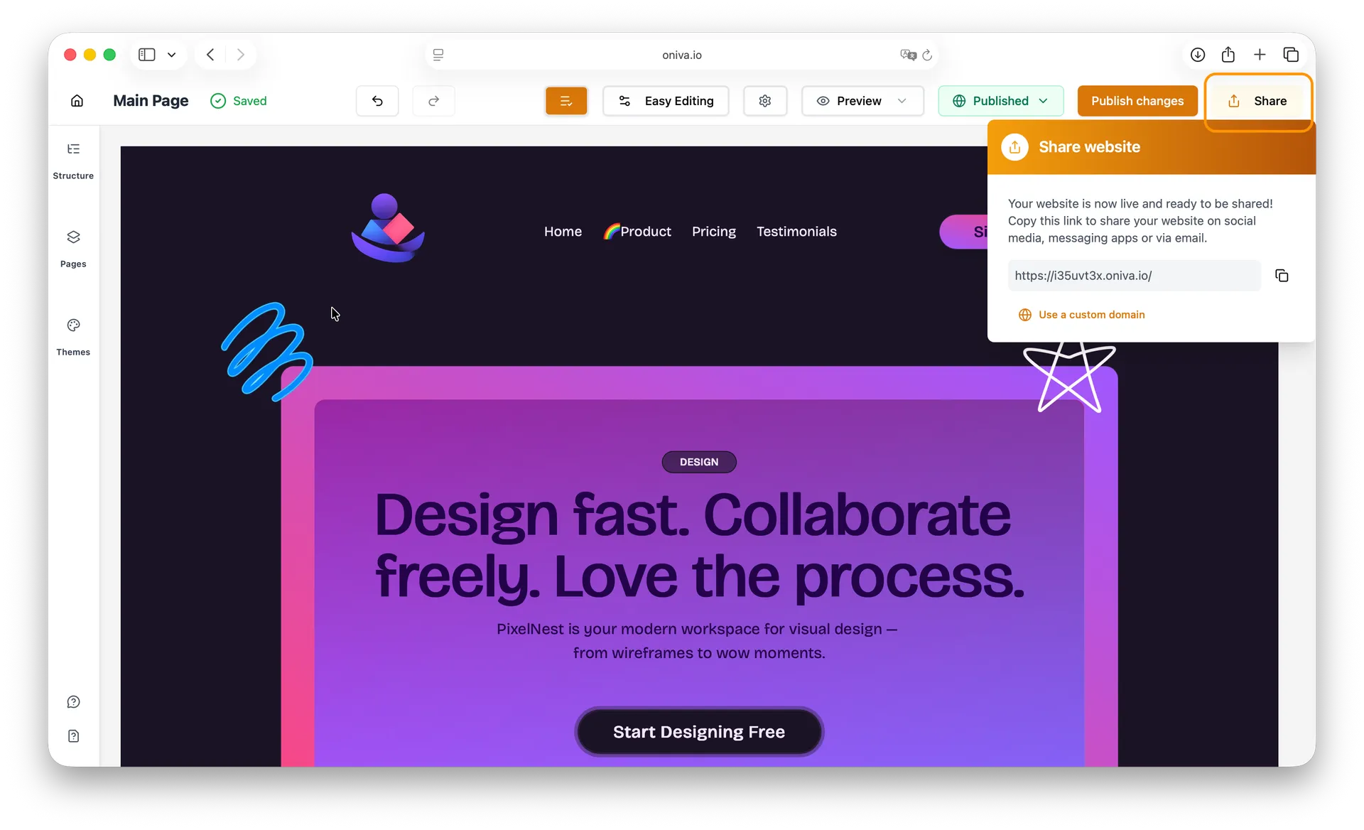 Oniva website builder editor showing a published website with the “Share website” menu open. The highlighted Share button in the top bar allows users to copy their site link or use a custom domain.