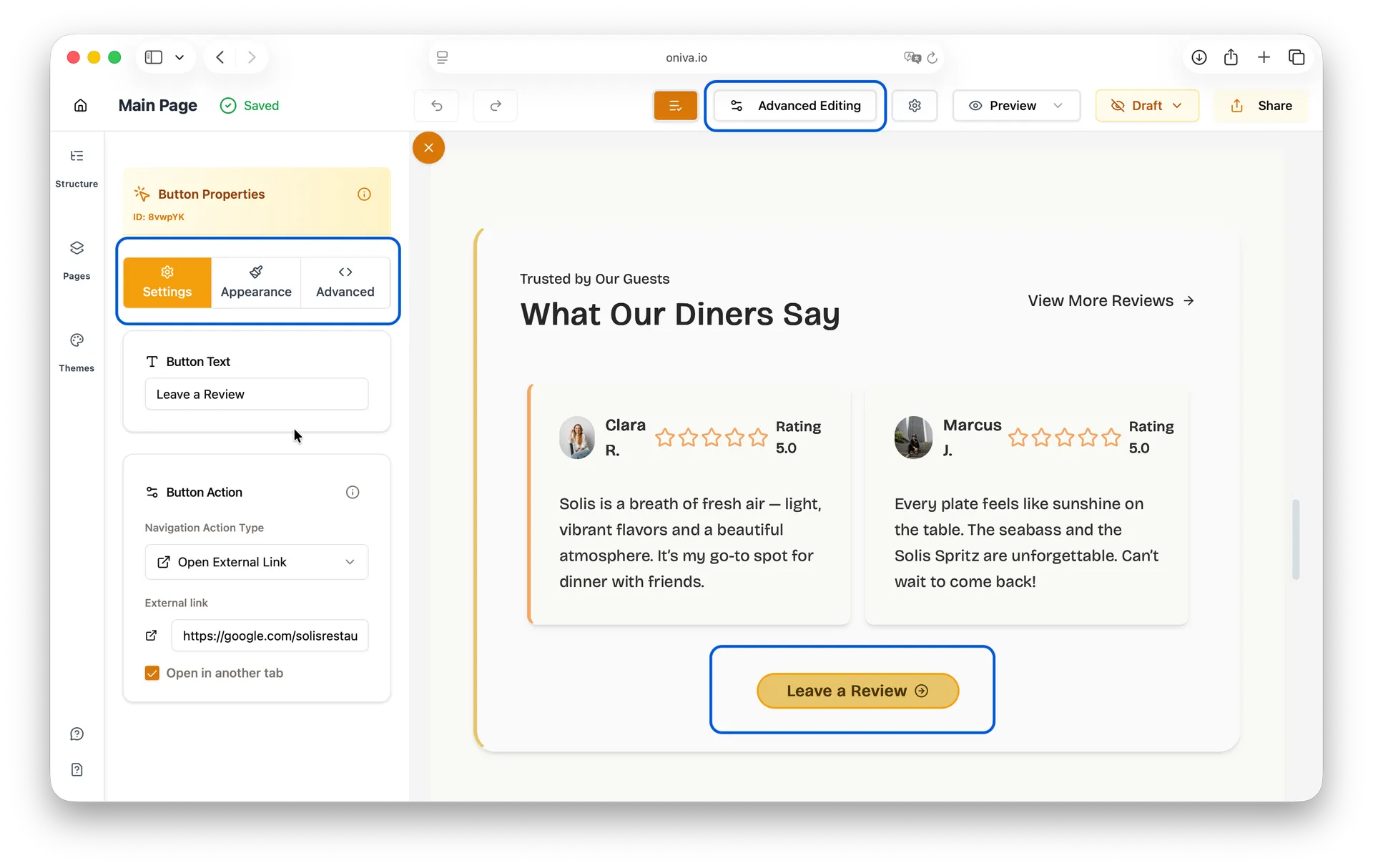 Oniva.io website builder advanced editing with button settings