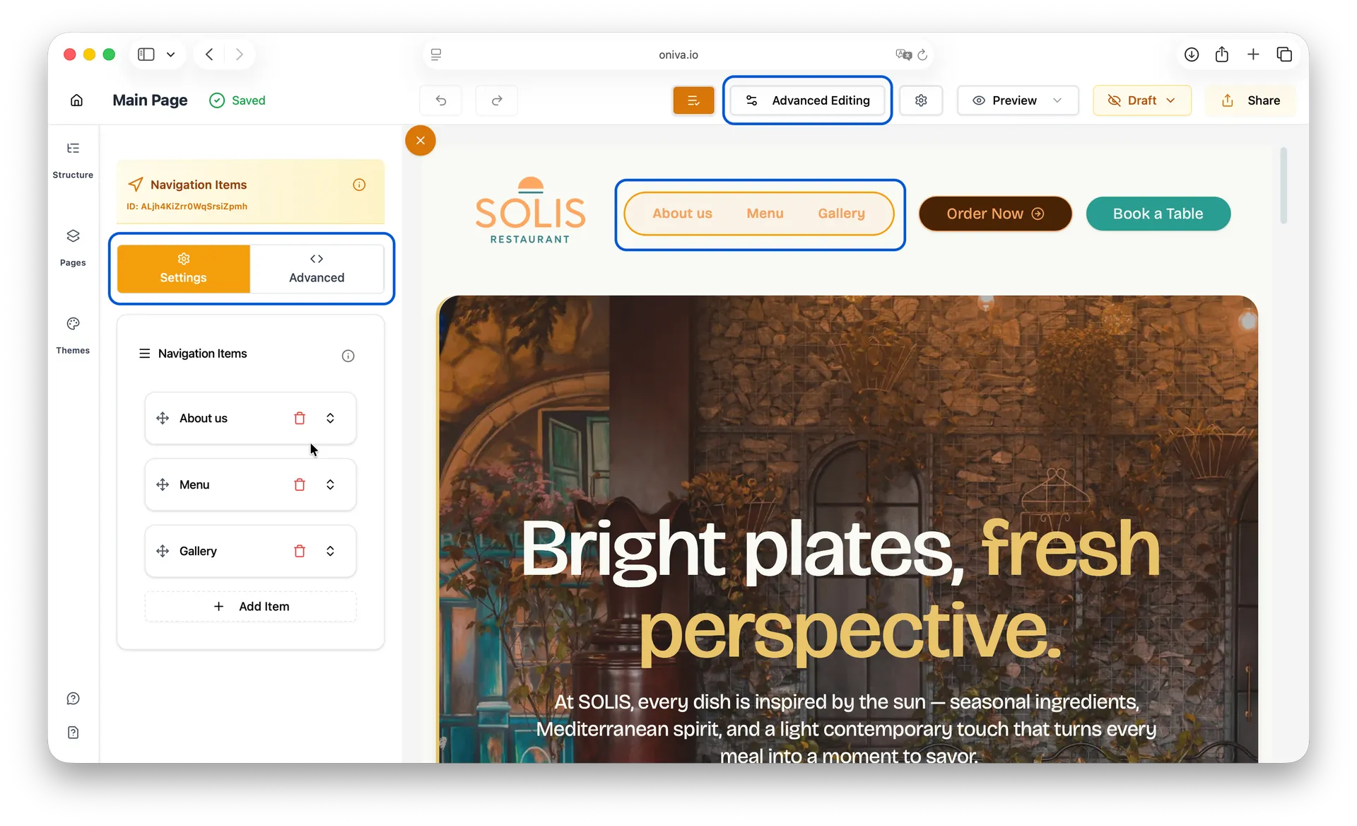 Oniva.io website builder advanced editing panel for navigation menu settings with About Us, Menu, and Gallery links.