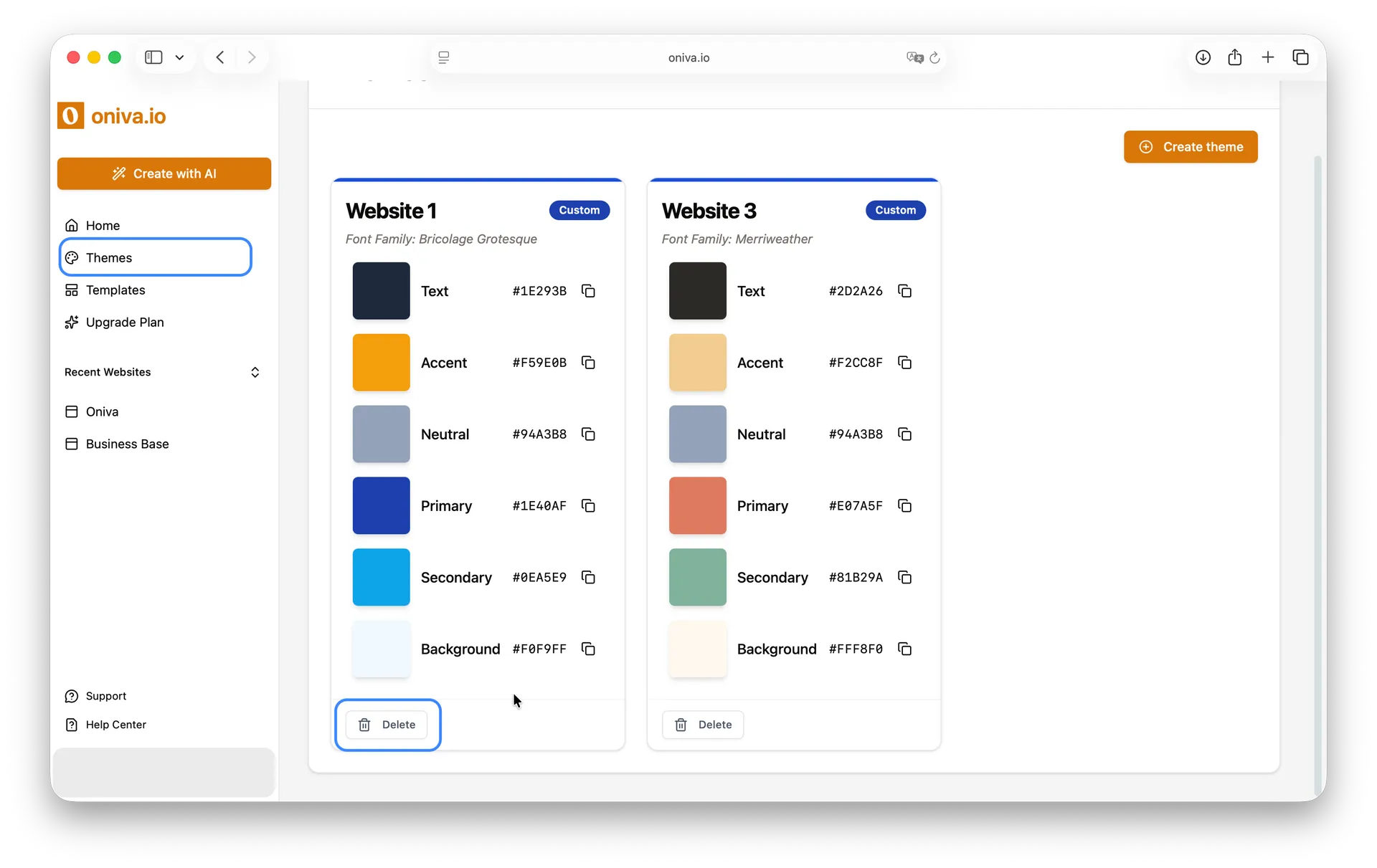 Oniva.io theme manager showing custom website themes with option to delete theme and manage font families and color palettes.