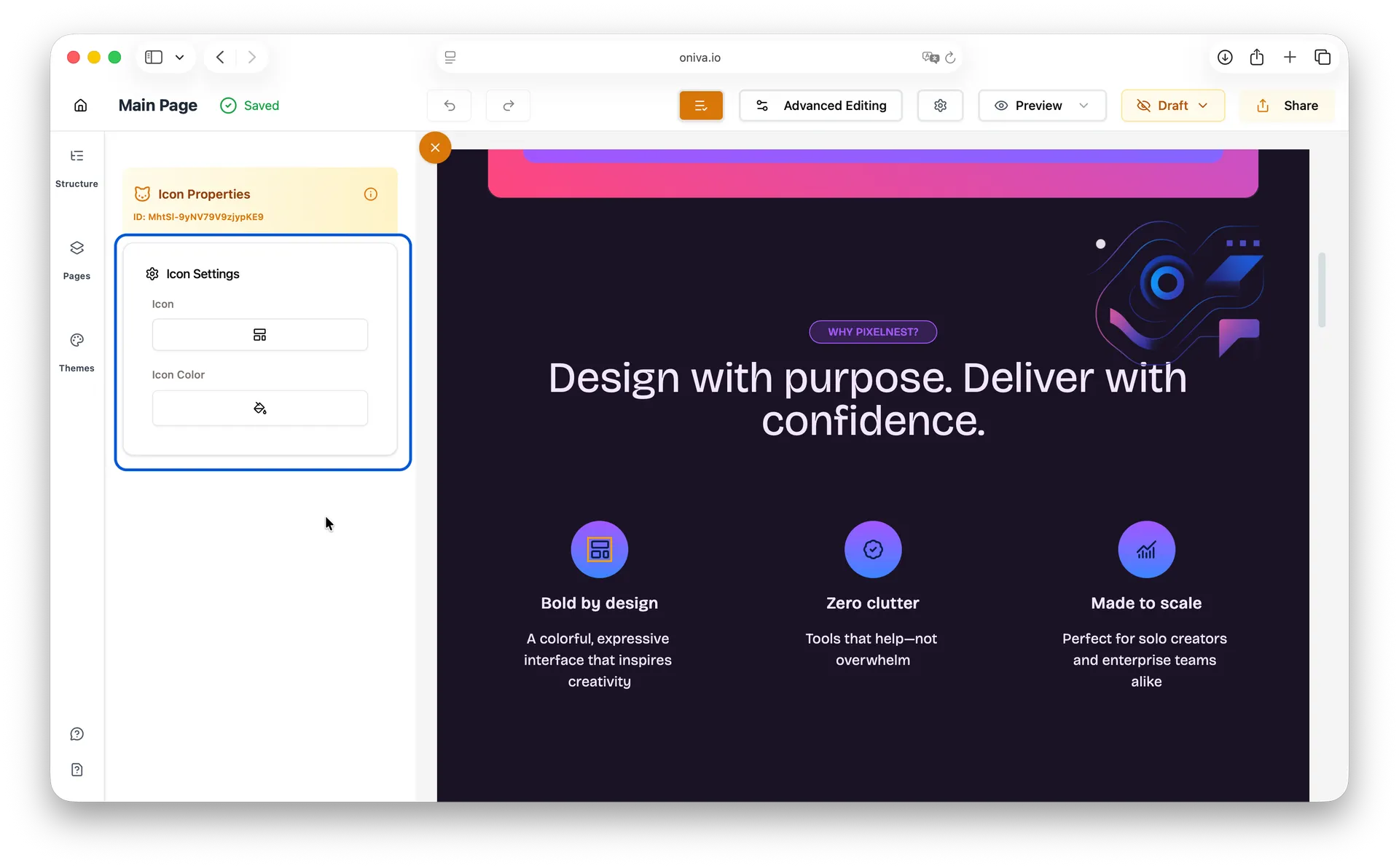 Oniva.io Icon Properties panel in Advanced Editing mode showing icon selection and color customization options for website design elements in AI-powered website builder