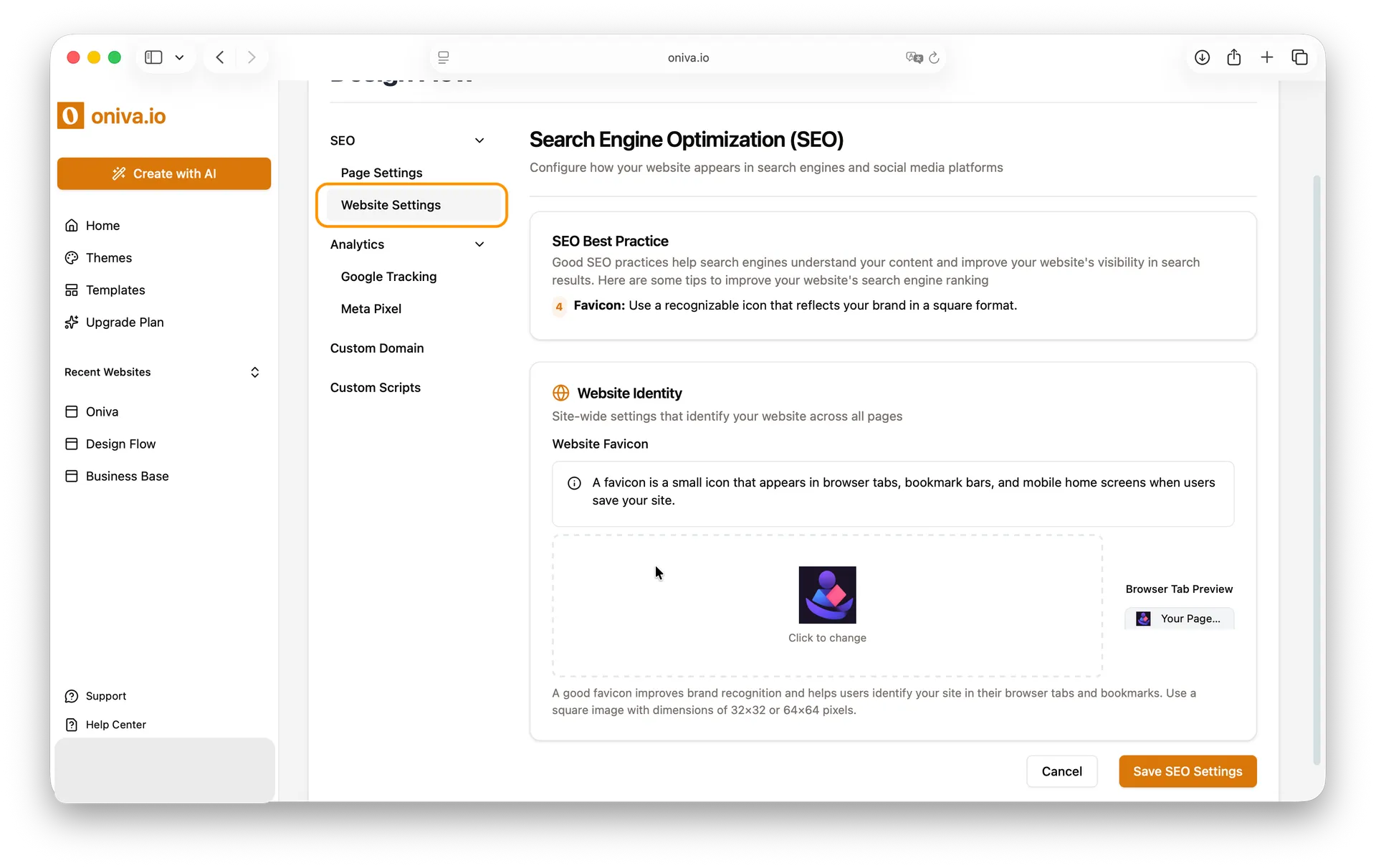 Oniva.io website settings showing favicon upload for SEO optimization and brand identity in the website builder dashboard.