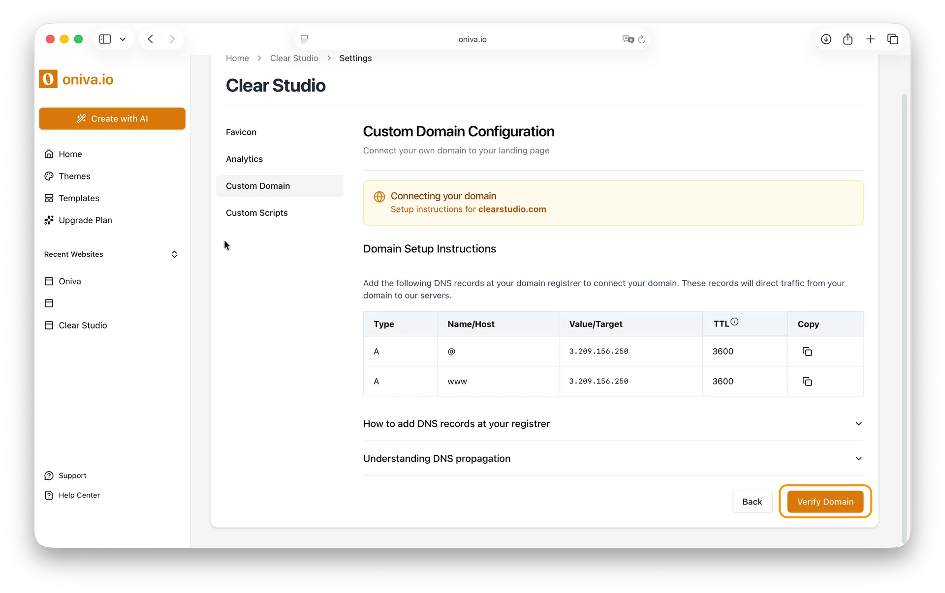 Oniva.io website builder custom domain setup screen with DNS instructions and a Verify Domain button to connect your site.