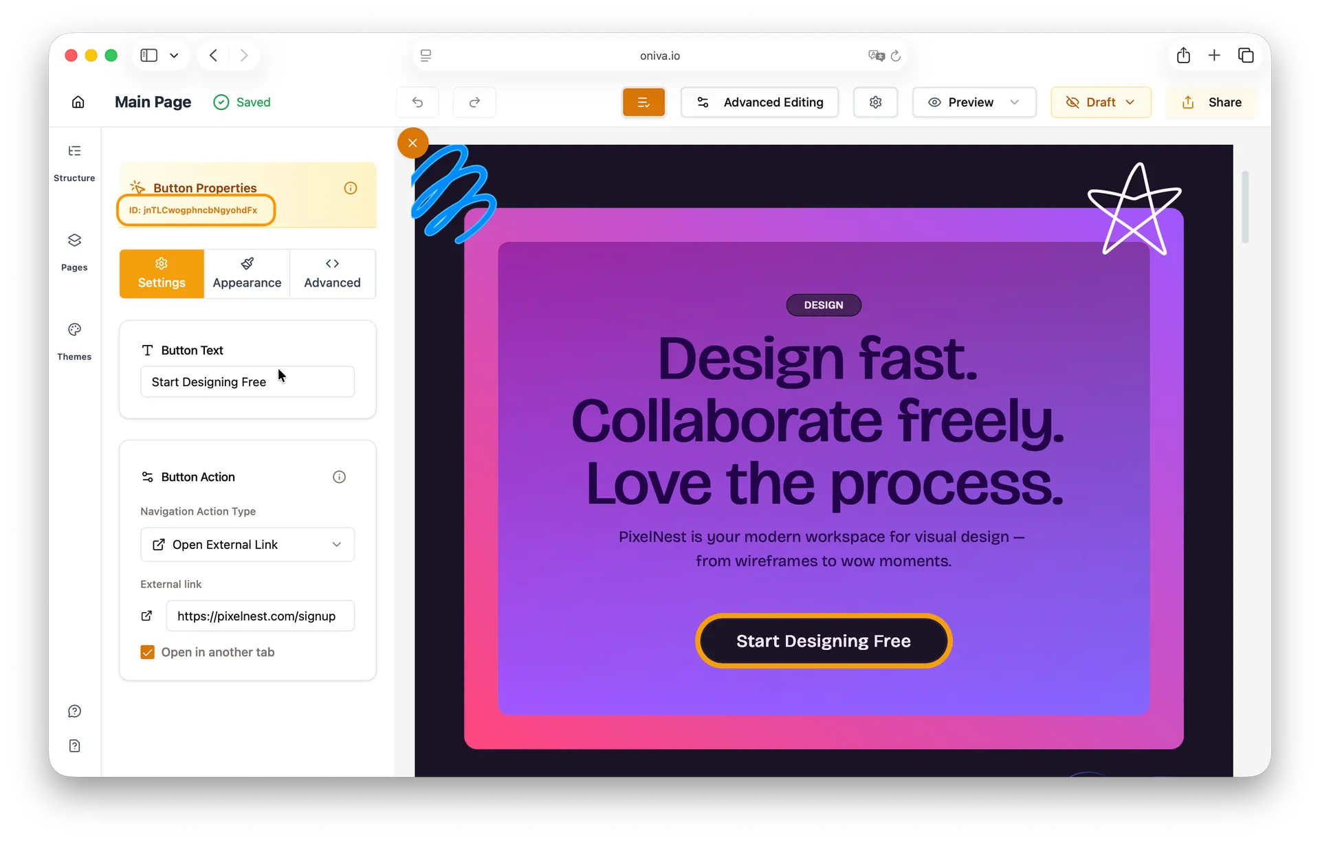 Website builder editor showing button settings panel to customize text and external link action.