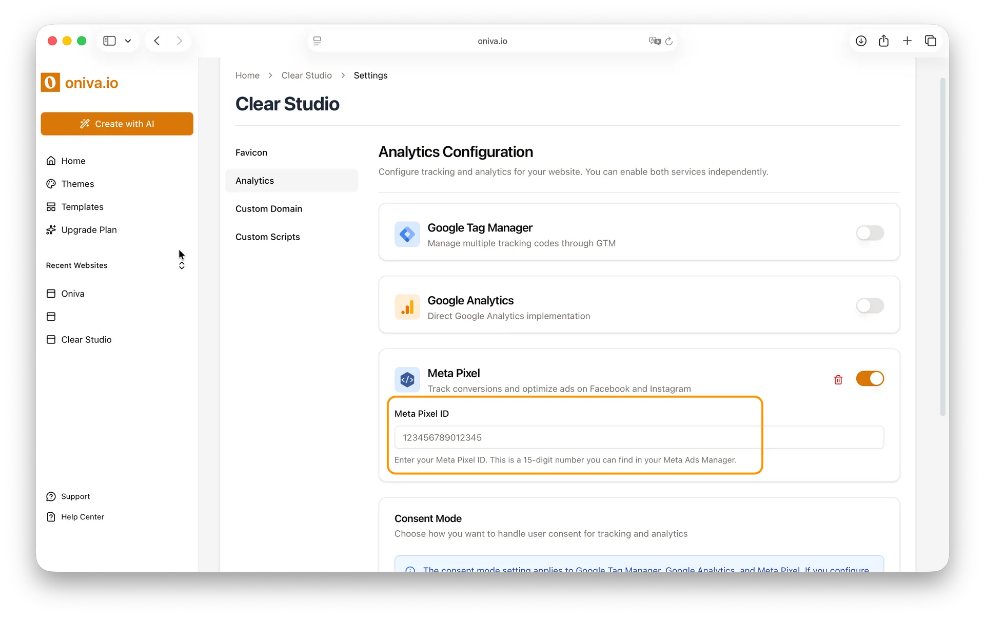 Oniva.io Meta Pixel integration interface with Pixel ID input field for Facebook and Instagram advertising conversion tracking on AI-generated websites