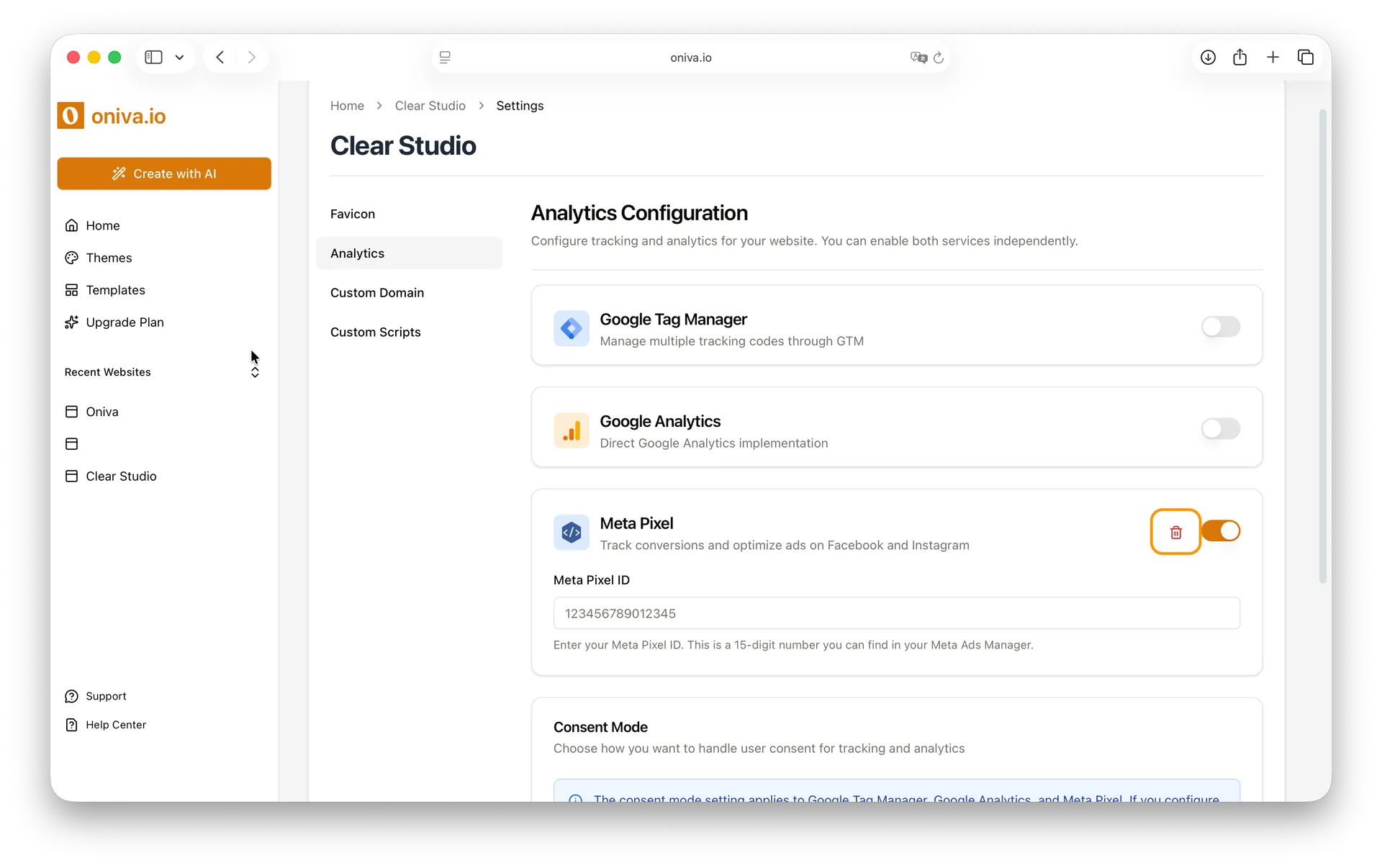 Oniva.io Google Tag Manager settings with delete/remove tag functionality highlighted, showing GTM Container ID configuration and toggle controls for no-code website analytics management