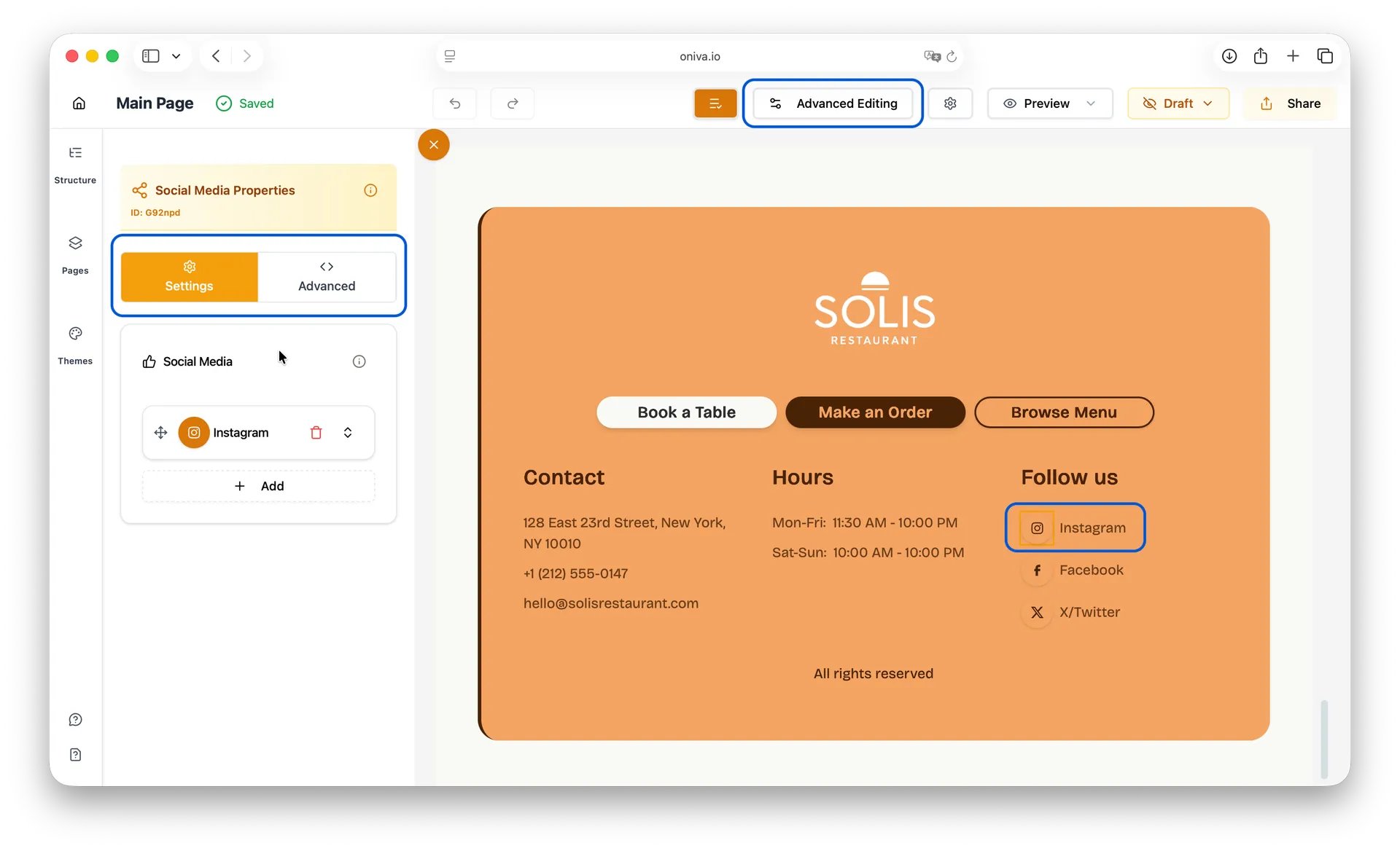 Oniva.io website builder advanced editing with settings for Instagram social media link in website footer.