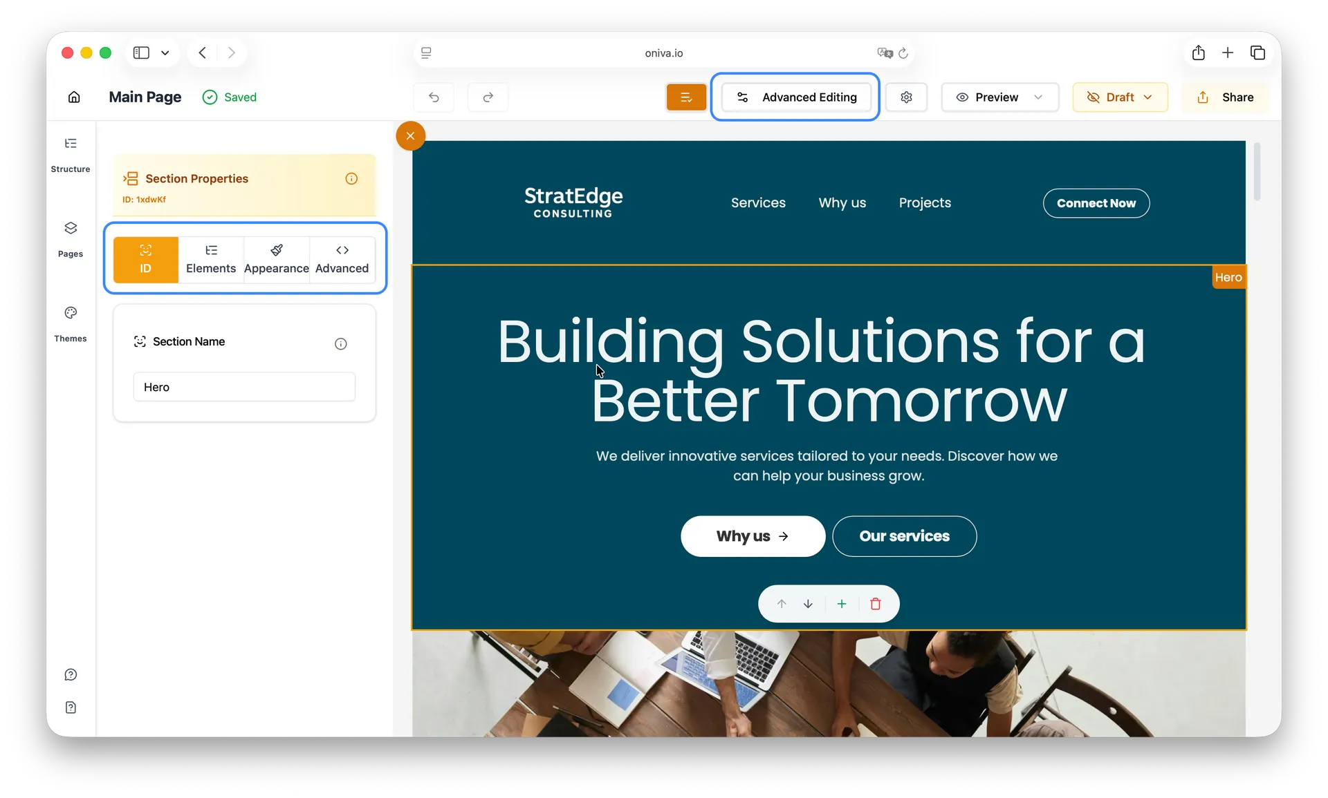 Oniva.io advanced editing mode displaying expanded section editing options with ID, Elements, Appearance, and Advanced tabs for comprehensive website customization in no-code builder platform