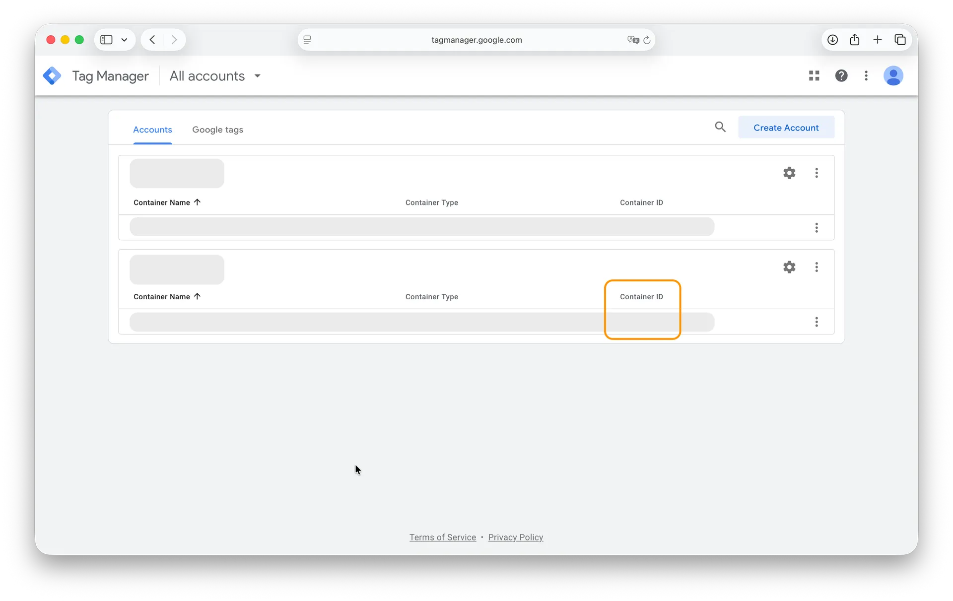 Oniva.io Google Tag Manager integration screen with Container ID input field (GTM-XXXXXXX format) for connecting analytics tracking to AI-built websites