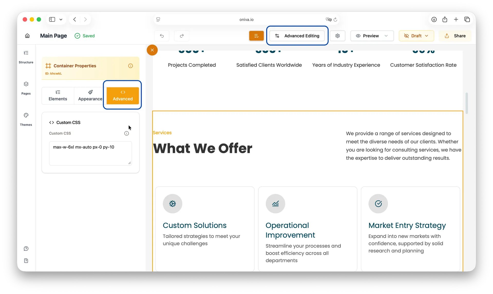 Oniva.io Advanced tab with Custom CSS editor.