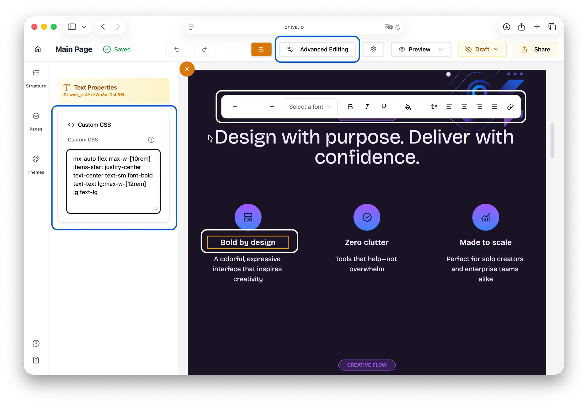 Oniva.io Advanced editing interface with Custom CSS editor showing flexbox, gradient, and hover styling code for dark-themed hero section with feature cards in professional website builder