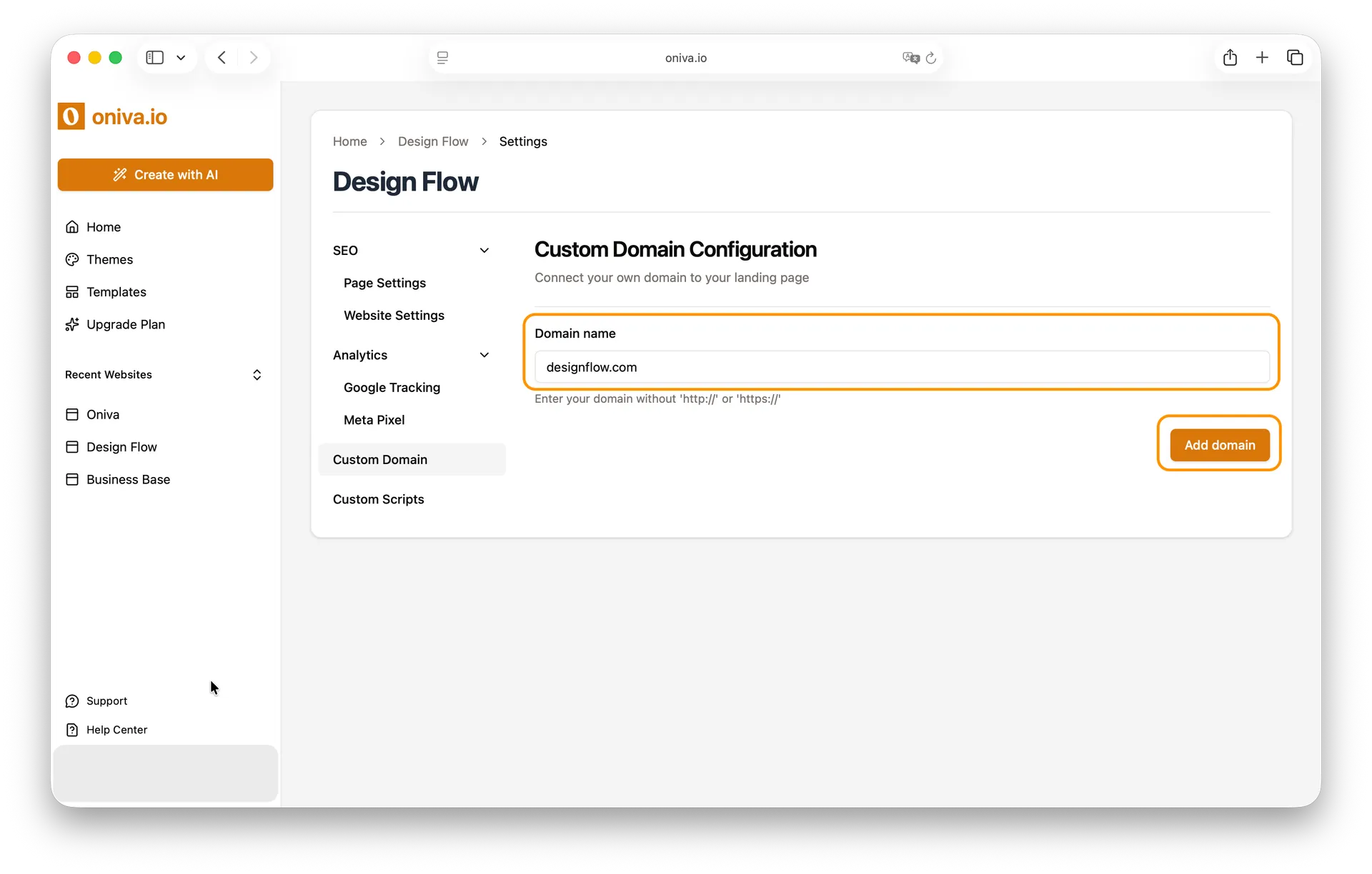 Oniva.io website builder custom domain configuration screen with input field to add a domain name.
