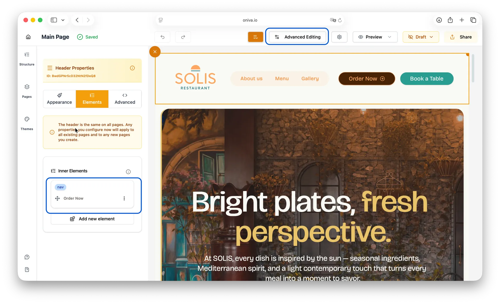 Oniva.io website builder advanced editing with header properties panel and Order Now button element.