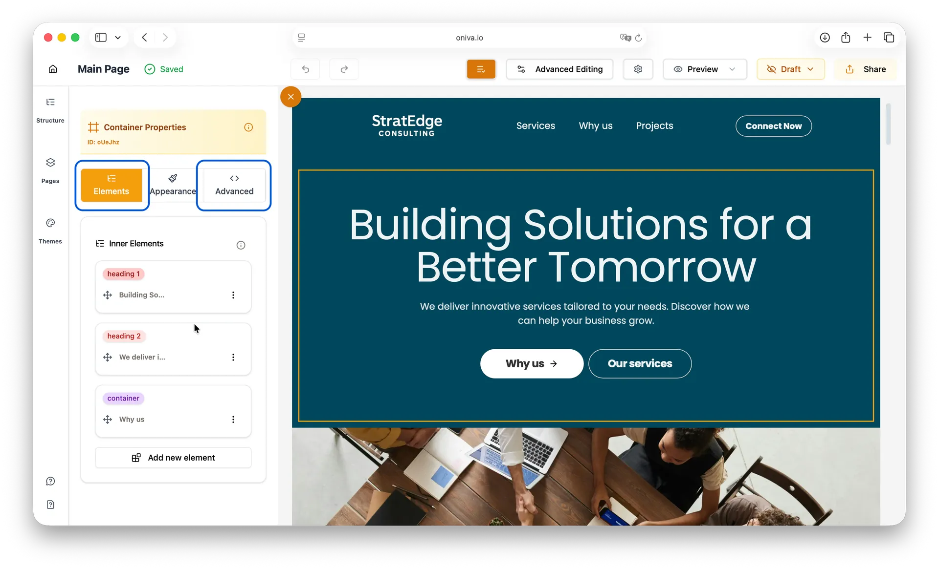 Oniva.io advanced editing interface with Elements tab active, showing inner elements structure with headings, container elements, and 'Add new element' button for website customization