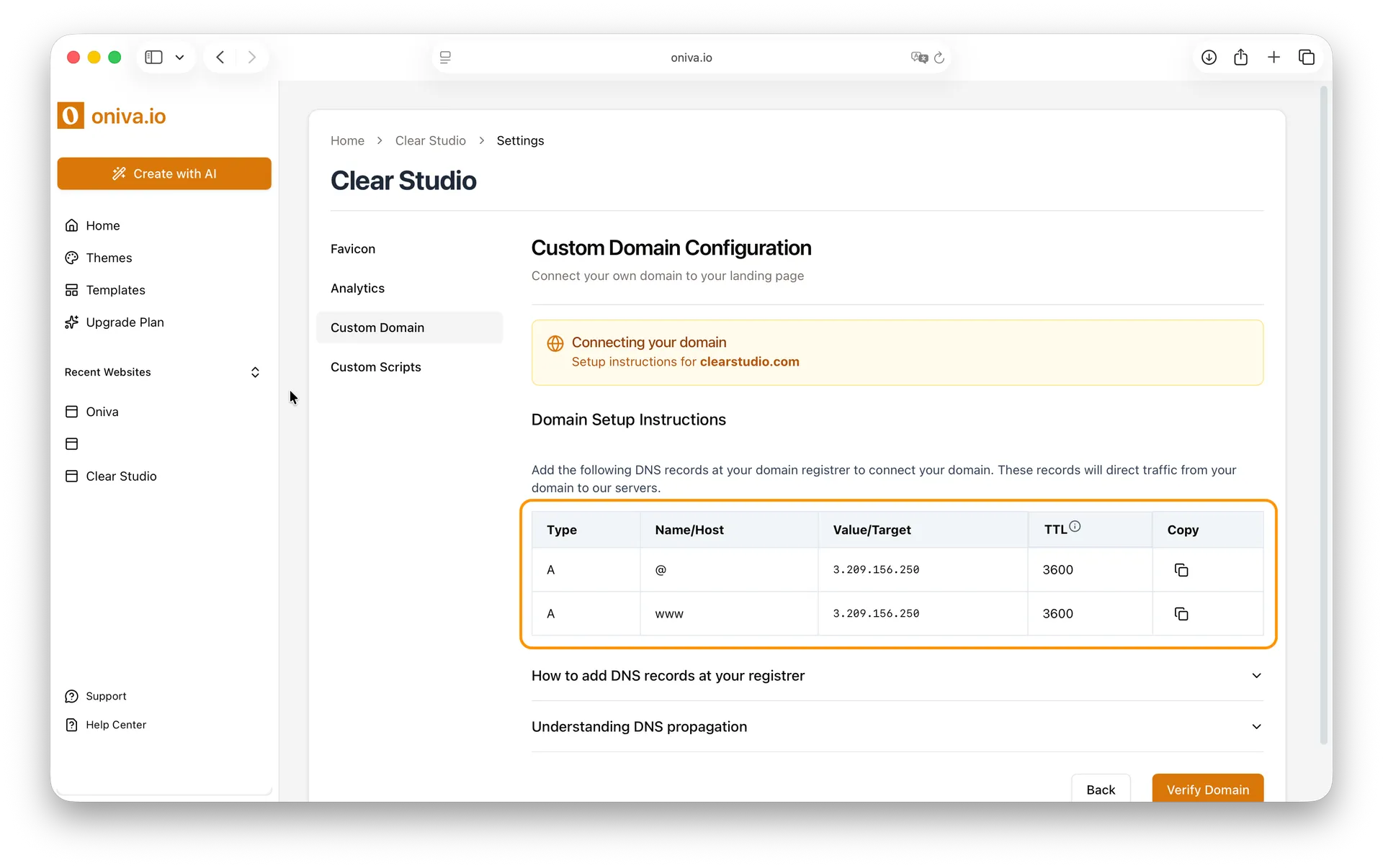 Oniva.io website builder showing DNS setup instructions for connecting a custom domain with A records.