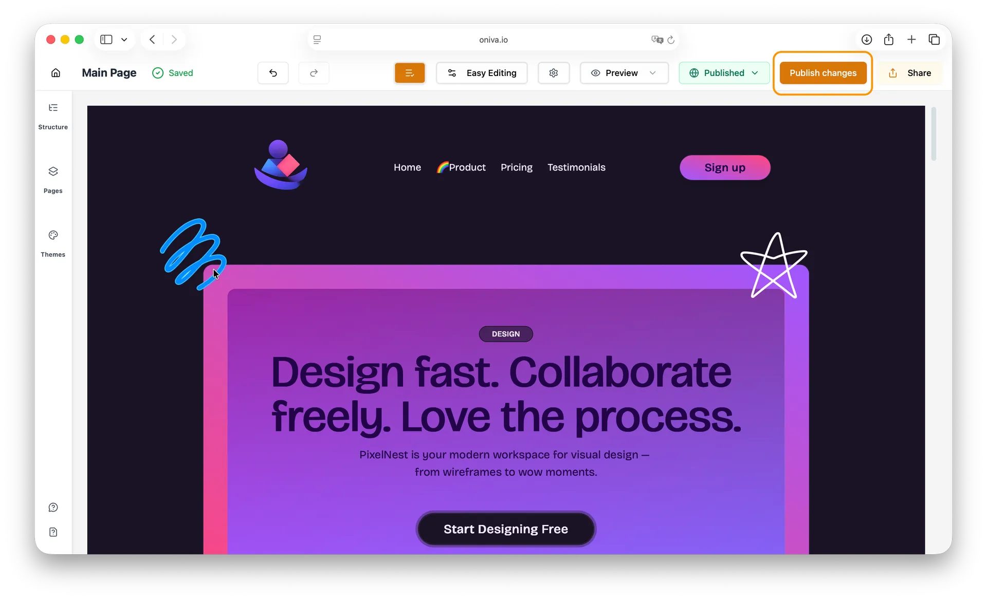 Oniva website builder editor with a highlighted “Publish changes” button in the top bar. This option lets users update their live website after making edits in the editor.