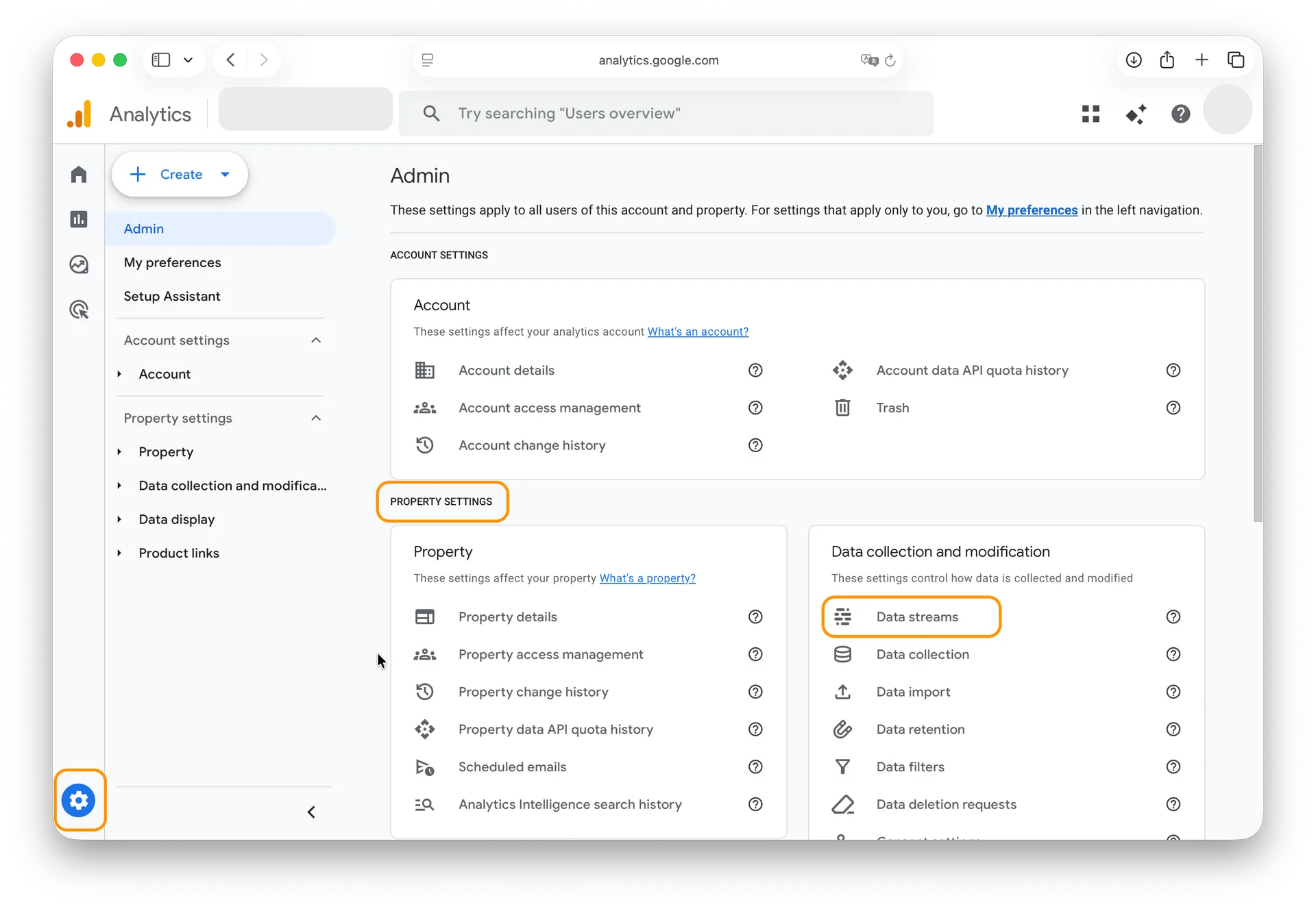 Google Analytics Admin panel displaying Property Settings and Data Streams configuration options for website analytics management and tracking setup
