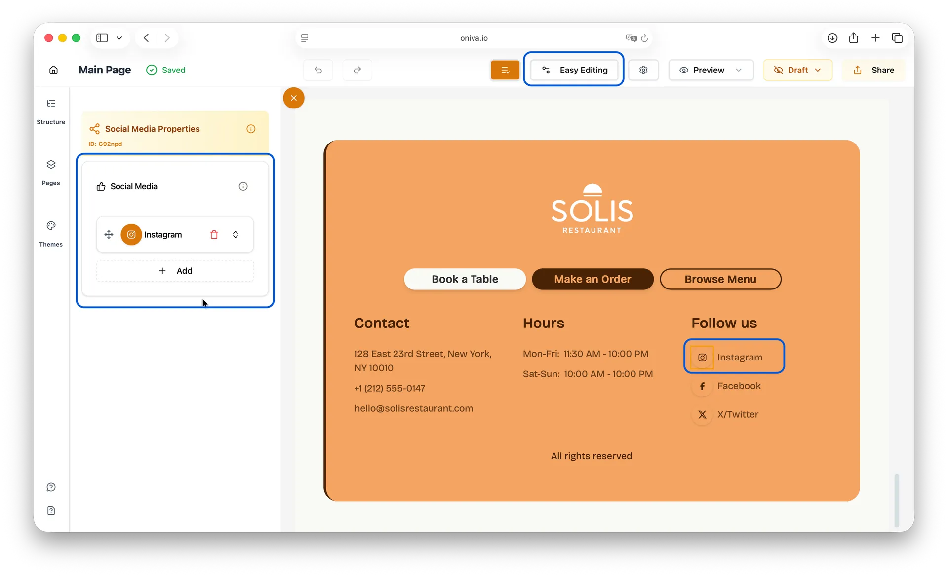 Oniva.io website builder easy editing with social media properties panel to add Instagram link in footer.