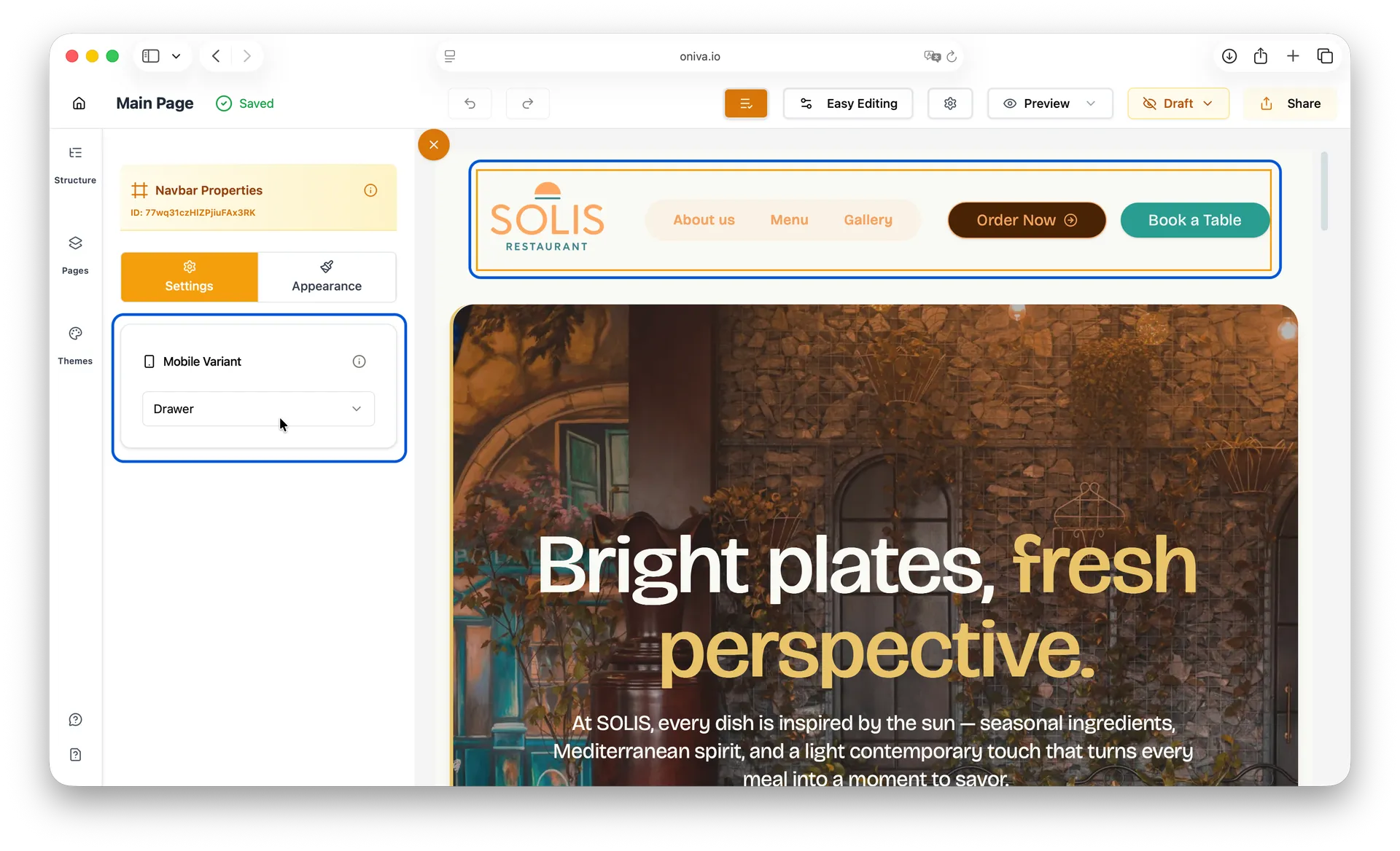 Oniva.io website builder easy editing navbar settings with mobile menu variant set to drawer.