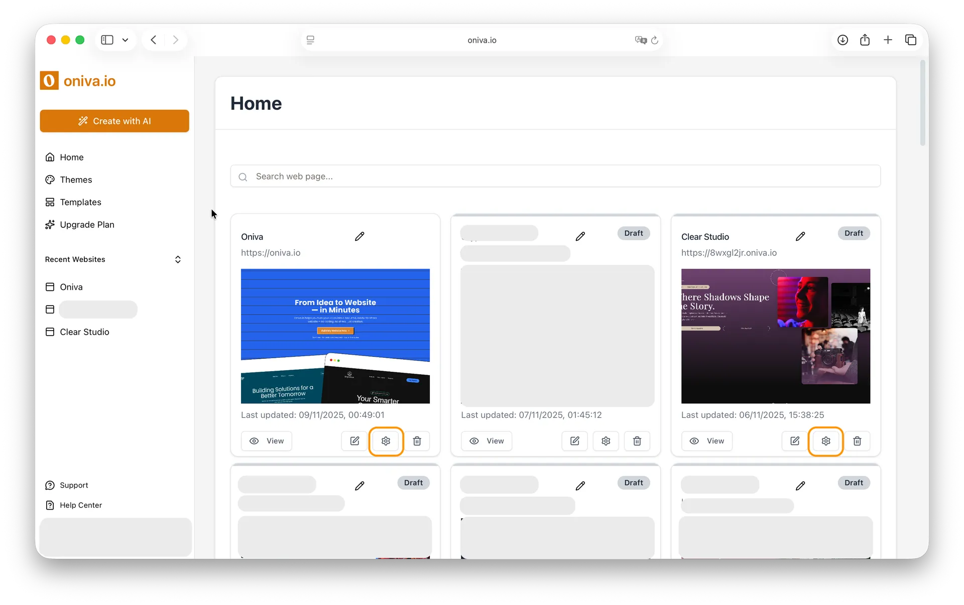 Oniva.io dashboard displaying recent websites with options to edit, manage, and publish no-code projects.