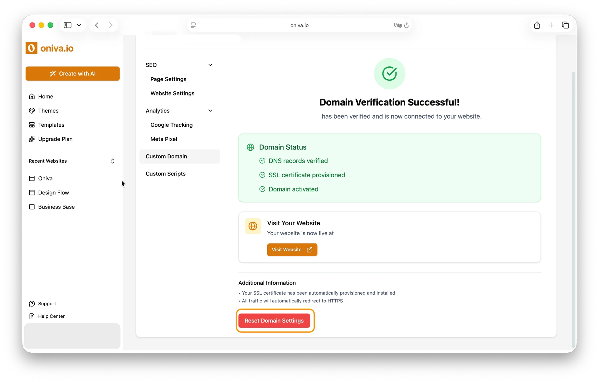 Oniva.io website builder custom domain settings with option to reset and manage verified domain.