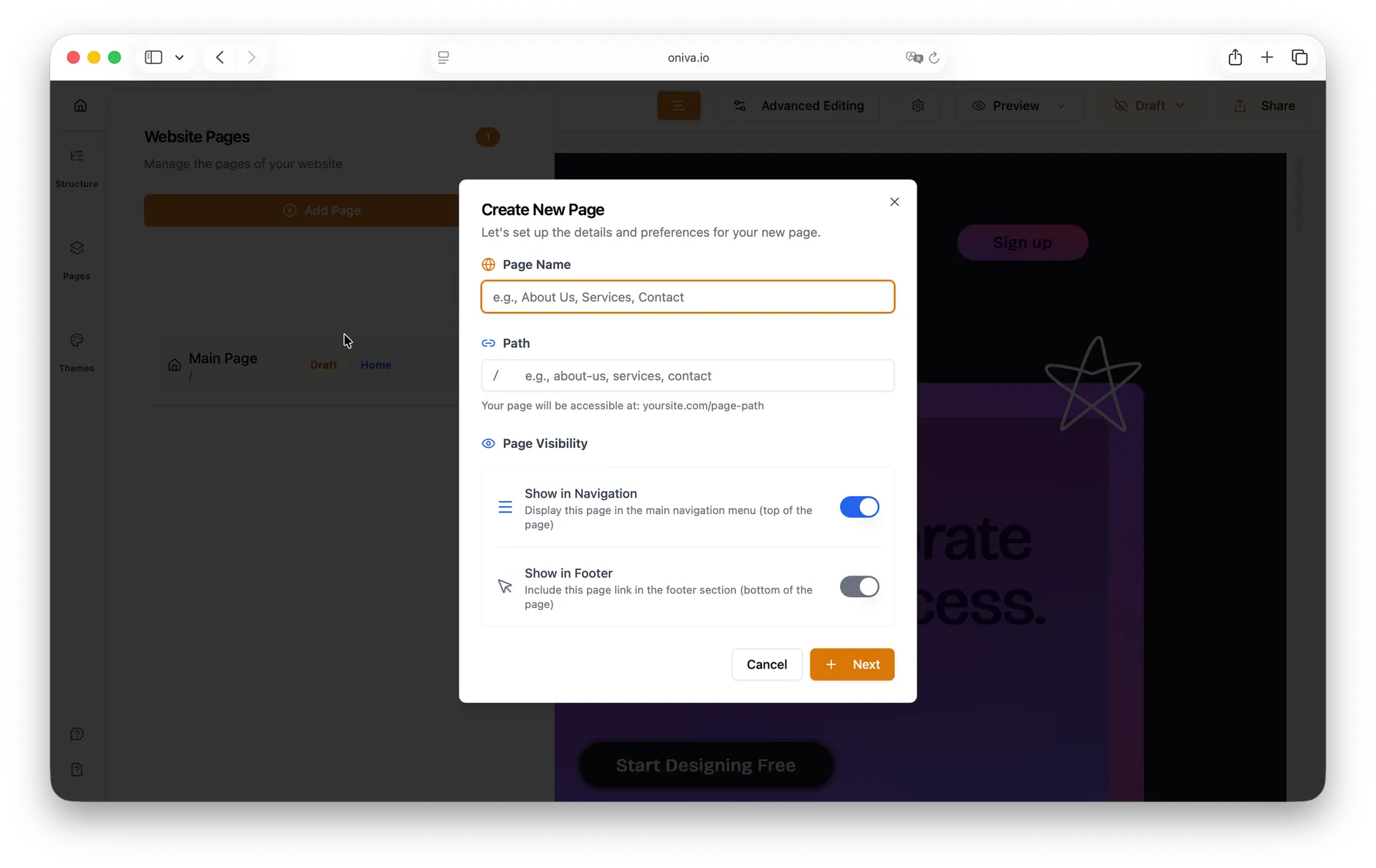 Create new page popup in website builder with fields for page name, URL path, and visibility settings for navigation and footer links.