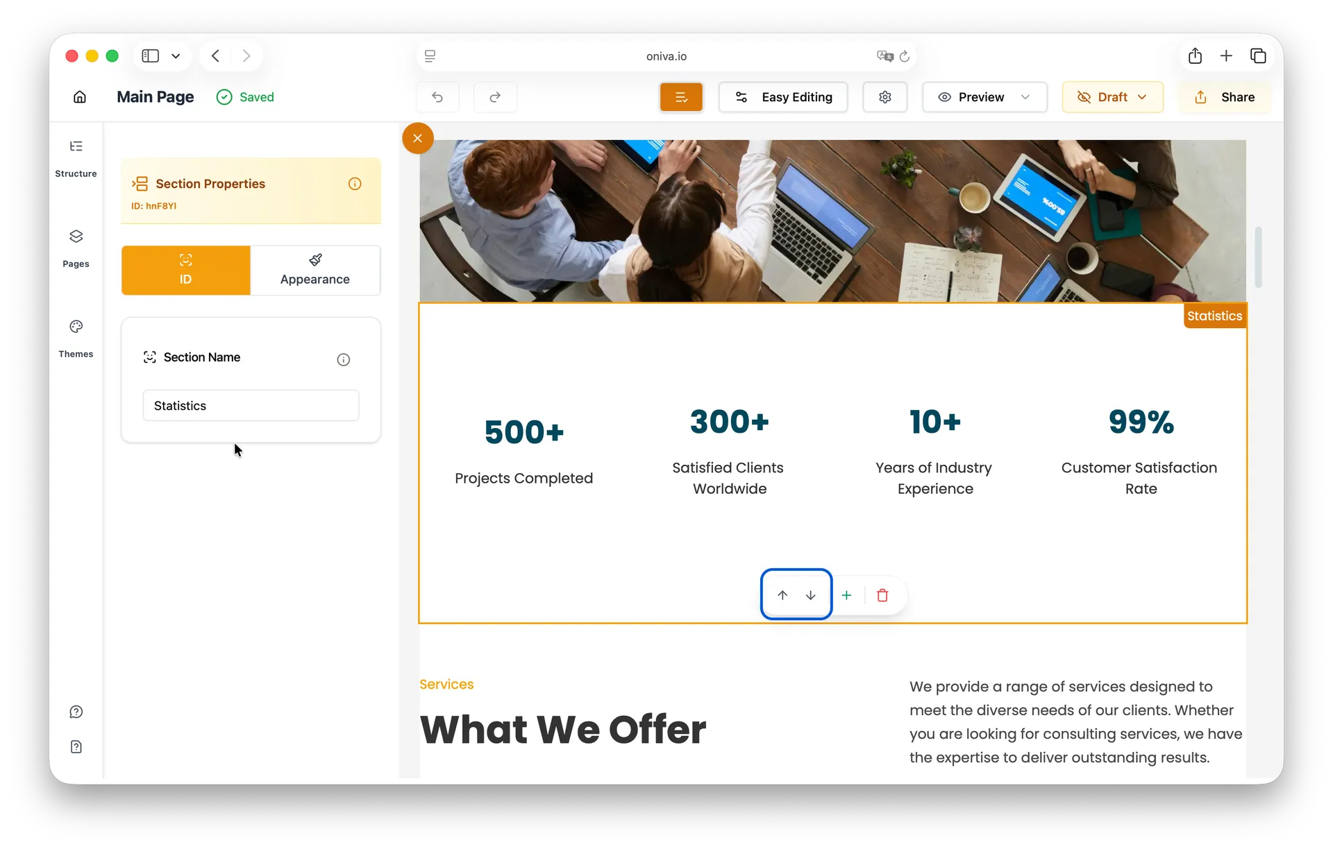 Oniva.io section editor with move up/down arrows, showing content management tools for rearranging website elements in no-code builder