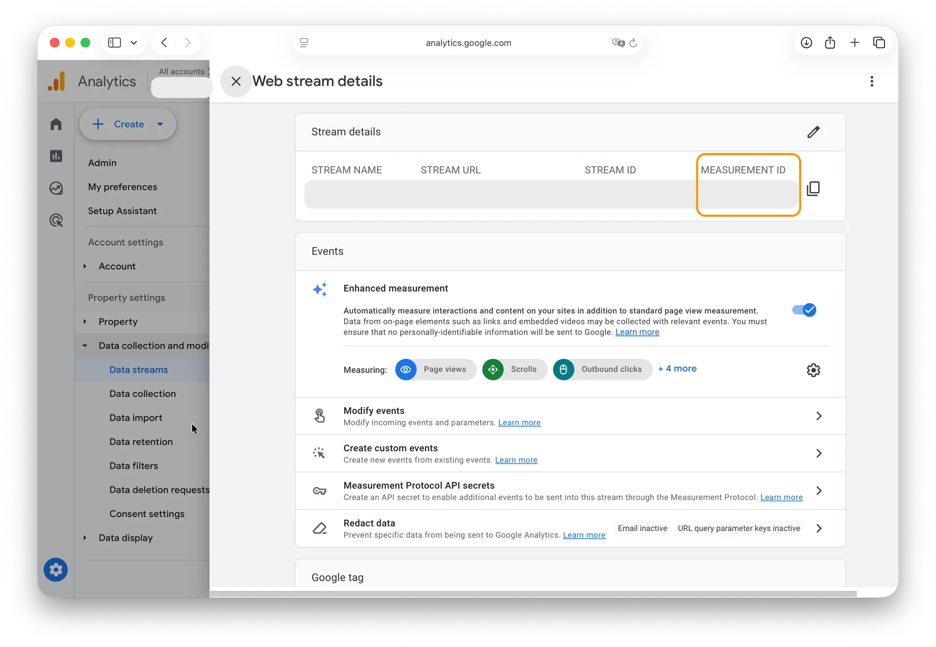 Oniva.io Google Analytics setup interface showing Measurement ID input field (G-XXXXXXXXX format) for direct analytics implementation on no-code websites