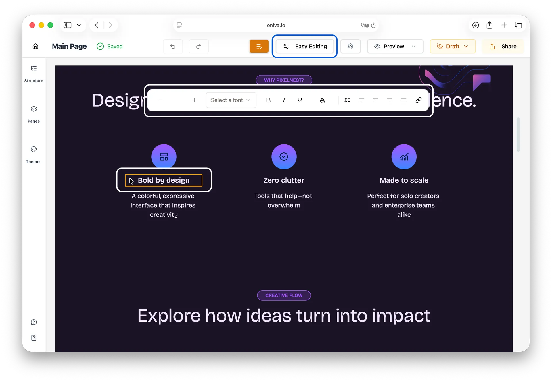 Oniva.io Easy Editing mode with inline text formatting toolbar showing font selection, bold, italic, underline, and alignment options for editing heading in no-code AI website builder interface