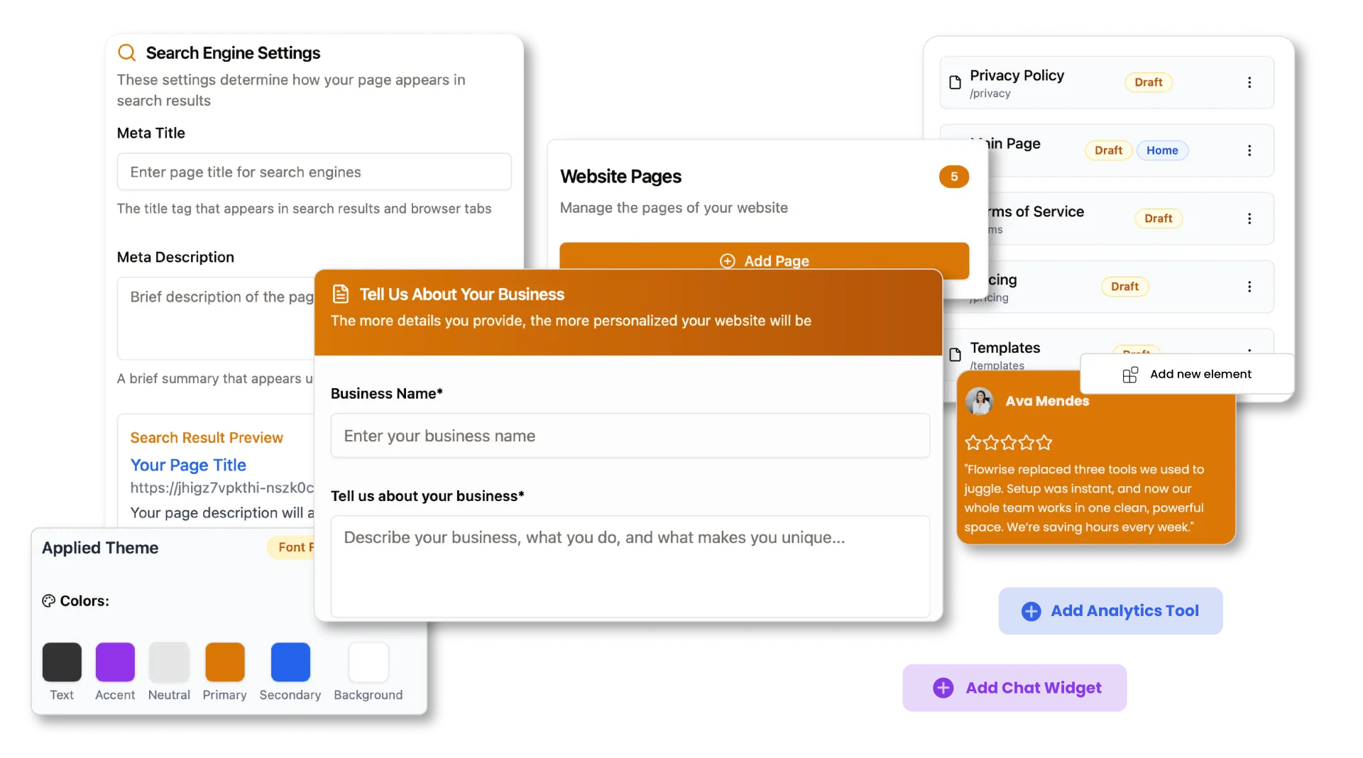 Oniva.io website builder interface showing SEO settings, page management, theme customization, and business setup tools for creating a professional no-code website.